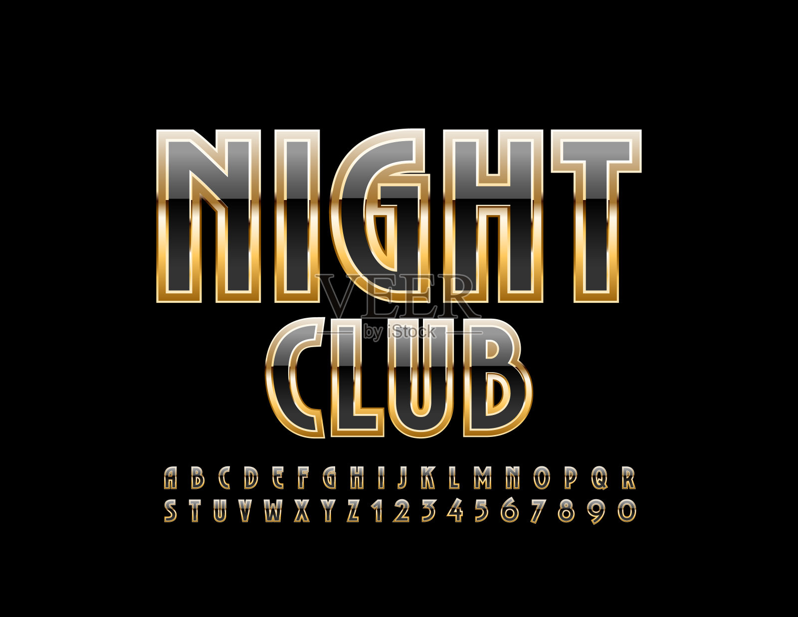 矢量时尚标志夜总会与奢侈字体。金色和黑色字母表插画图片素材