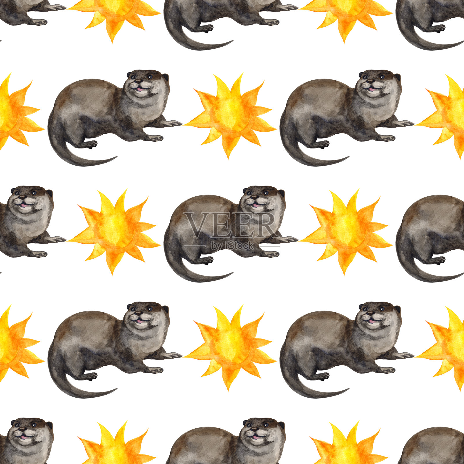 水彩无缝图案与水獭手绘装饰背景。印刷纺织品，布料，墙纸，剪贴簿插画图片素材