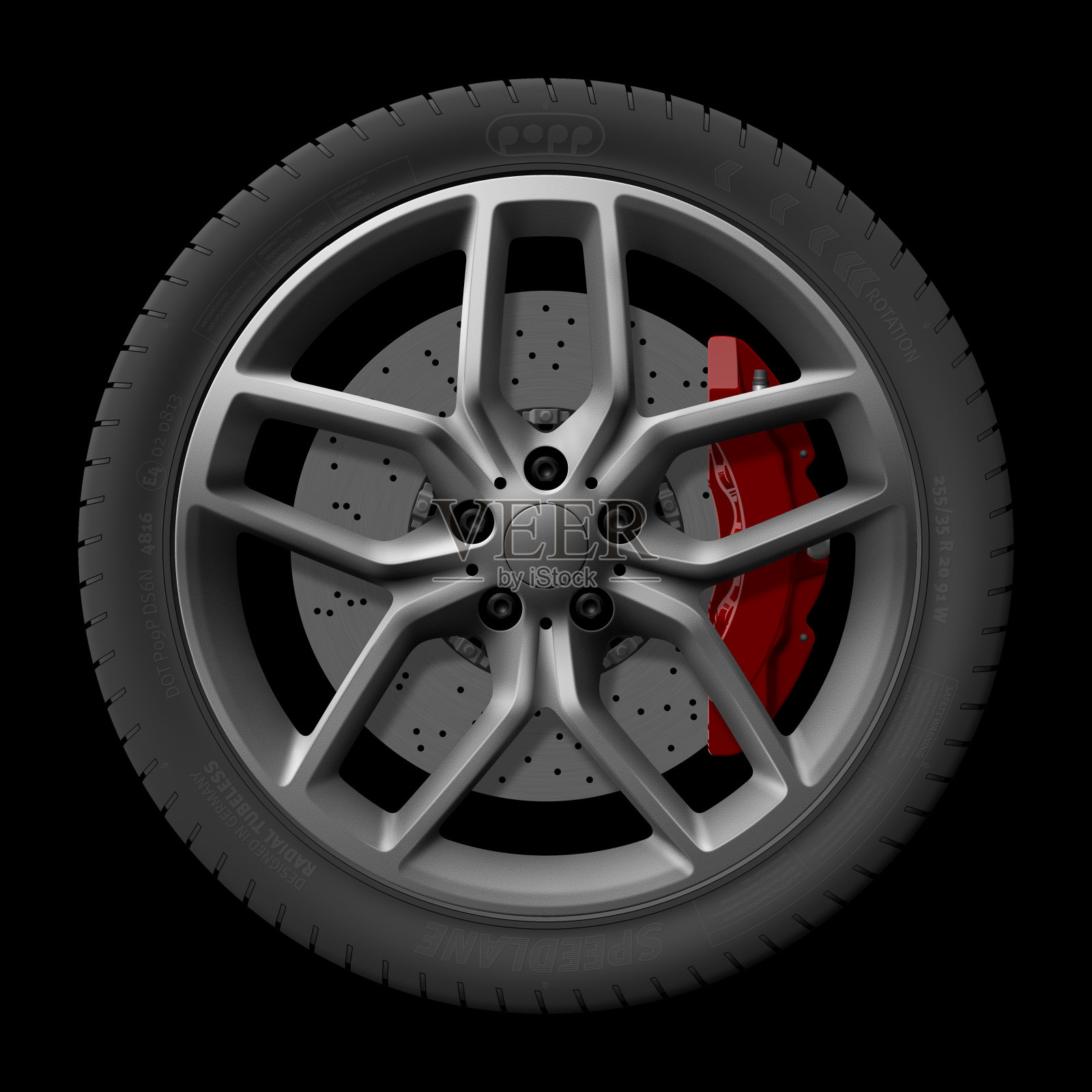 带轮胎、轮辋、制动器和卡钳的合金轮毂插图设计元素图片