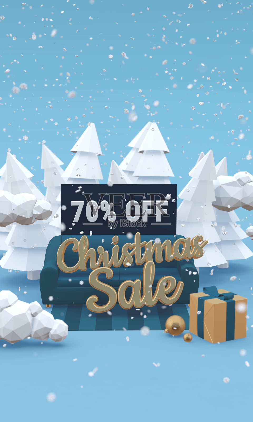 圣诞销售七折优惠3d插图卡通风格。垂直图像与复制空间。照片摄影图片