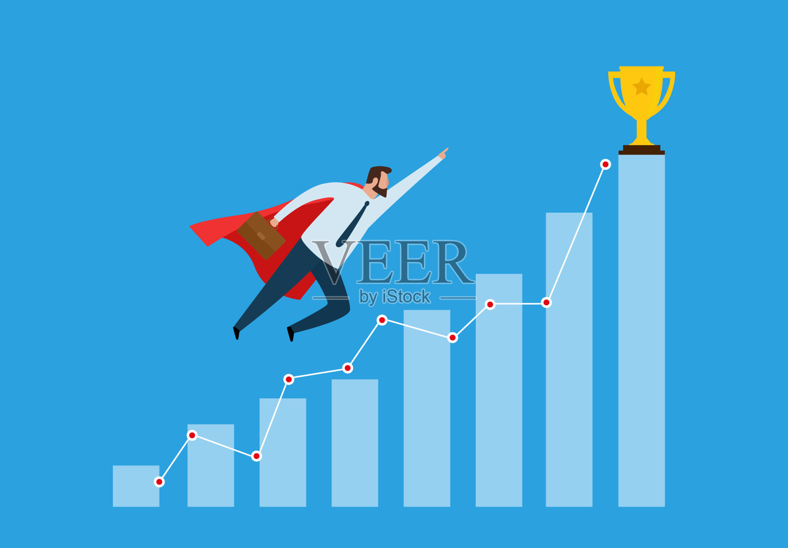 成功的商人飞向成功，获得奖励奖杯。插画图片素材