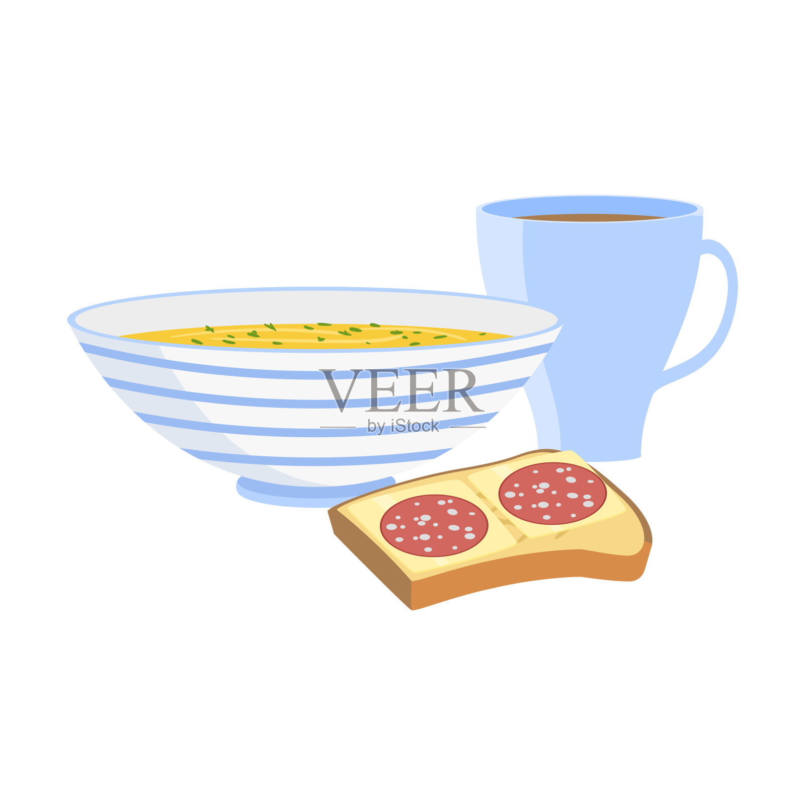 早餐配粥、烤面包和一杯咖啡矢量插图插画图片素材