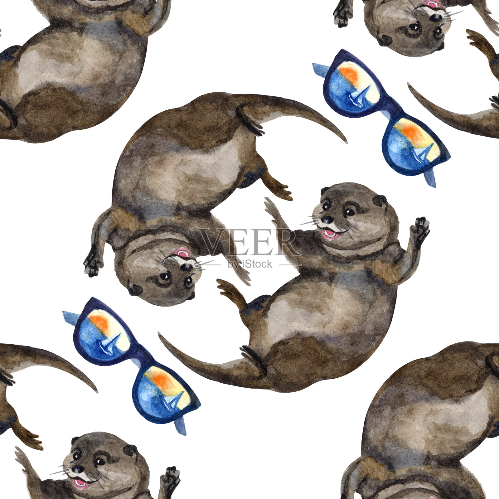 水彩无缝图案与水獭手绘装饰背景。印刷纺织品，布料，墙纸，剪贴簿插画图片素材