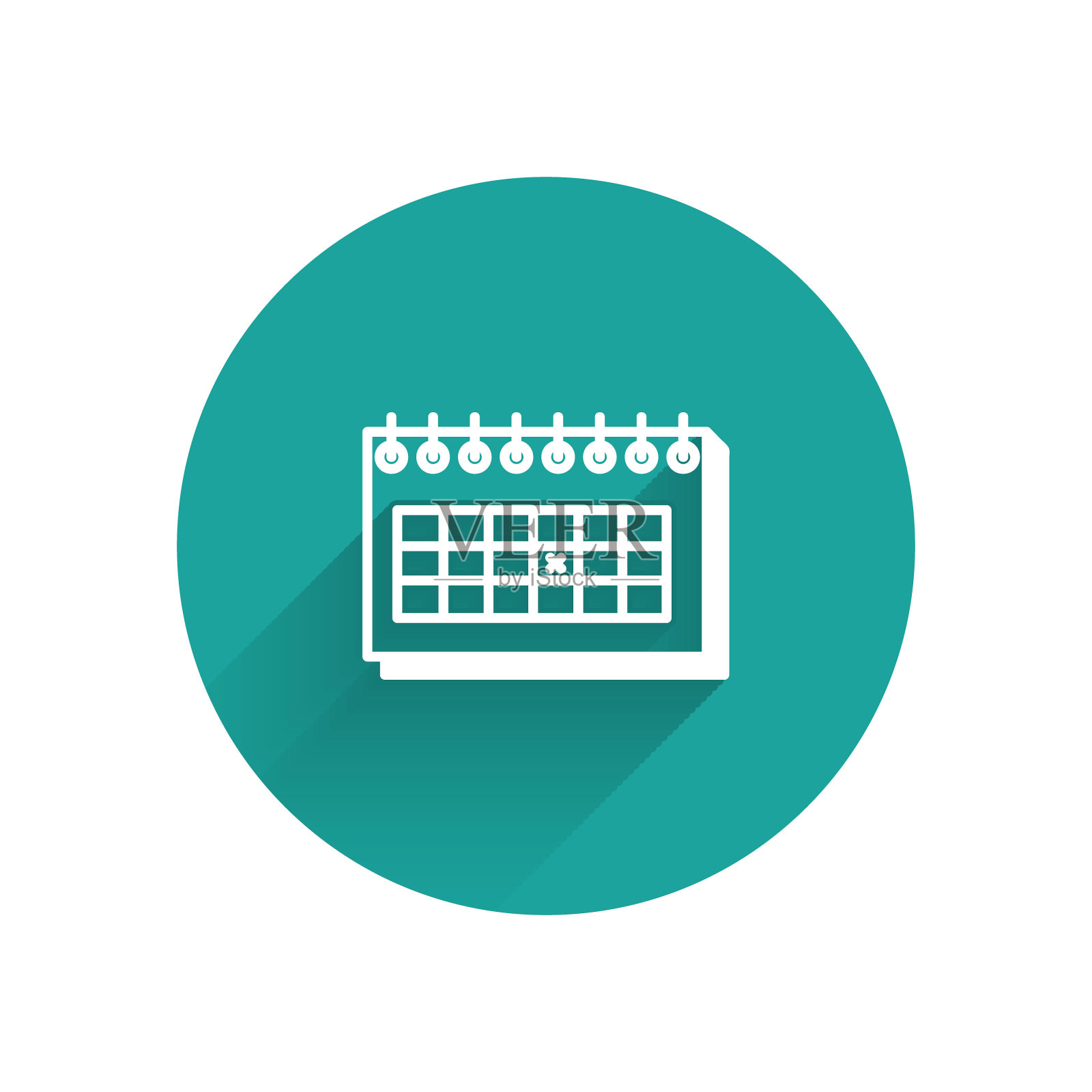 白色日历图标孤立与长阴影。到期日期。绿色圆圈按钮。矢量图插画图片素材