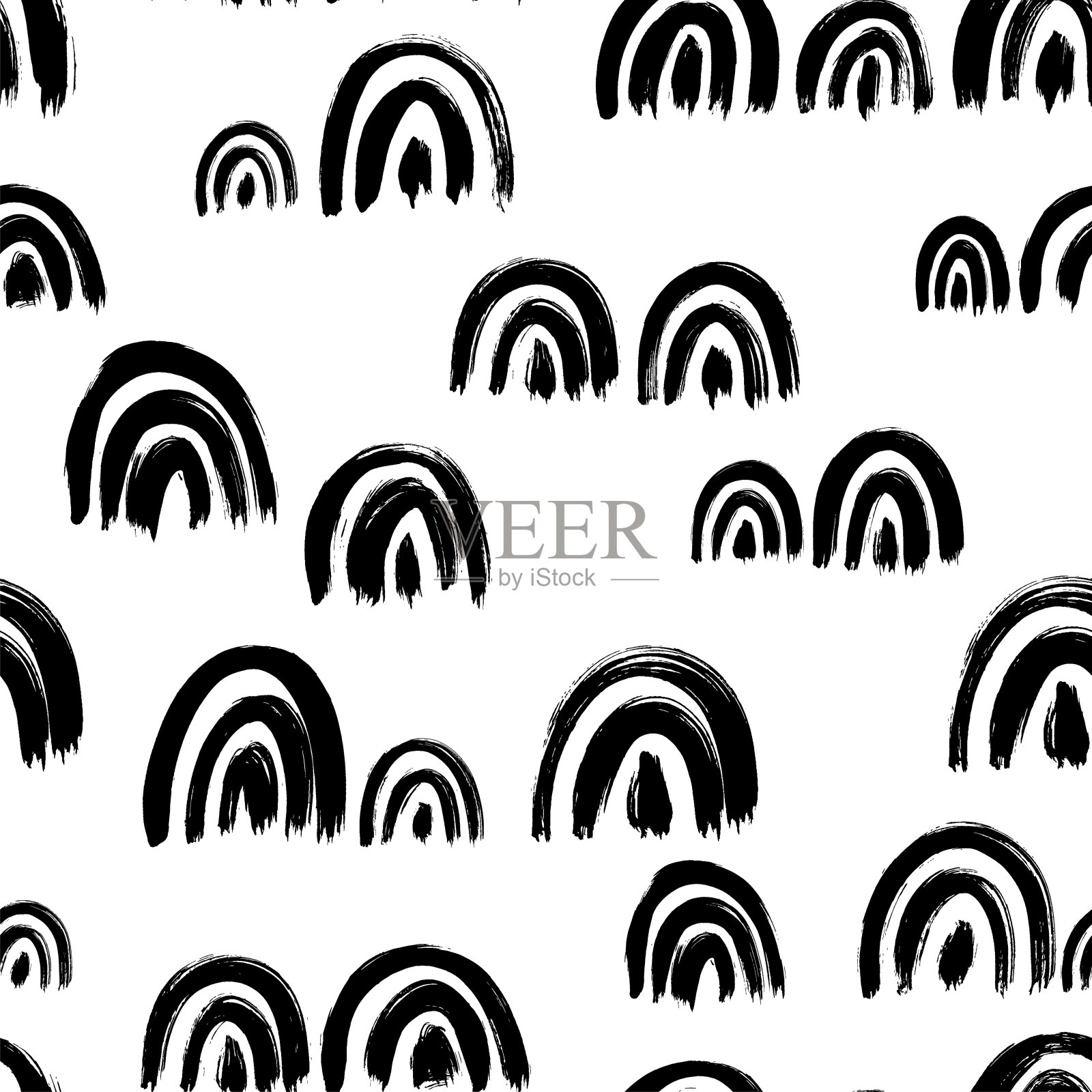 黑白画弧矢量无缝图案。单色彩虹形状的黑色墨水弄脏背景。插画图片素材