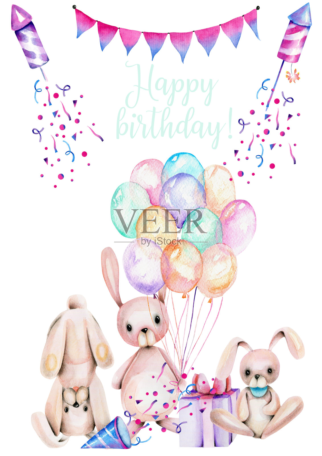 生日卡模板与水彩节日兔子，手绘插图设计模板素材