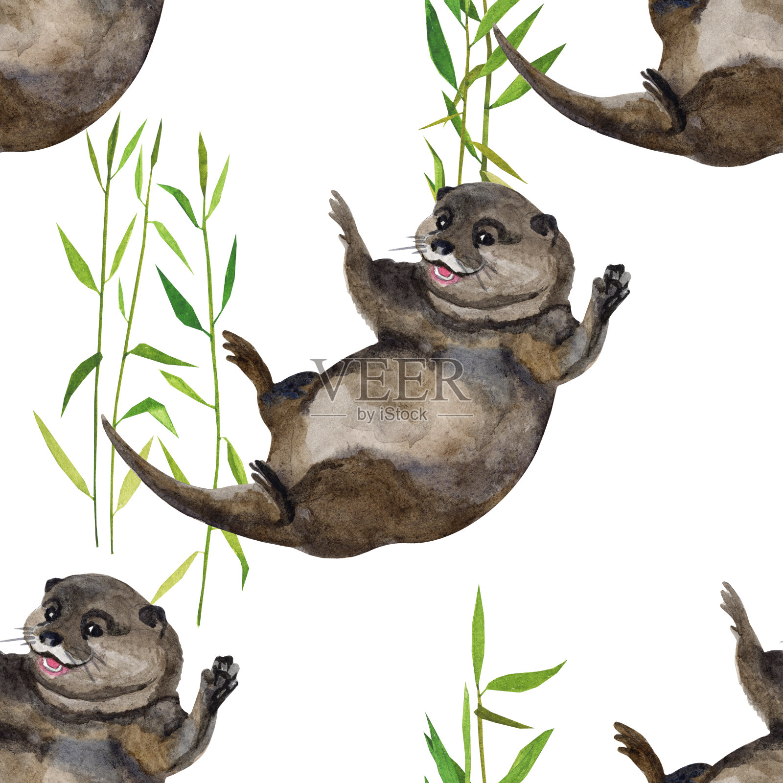 水彩无缝图案与水獭手绘装饰背景。印刷纺织品，布料，墙纸，剪贴簿插画图片素材