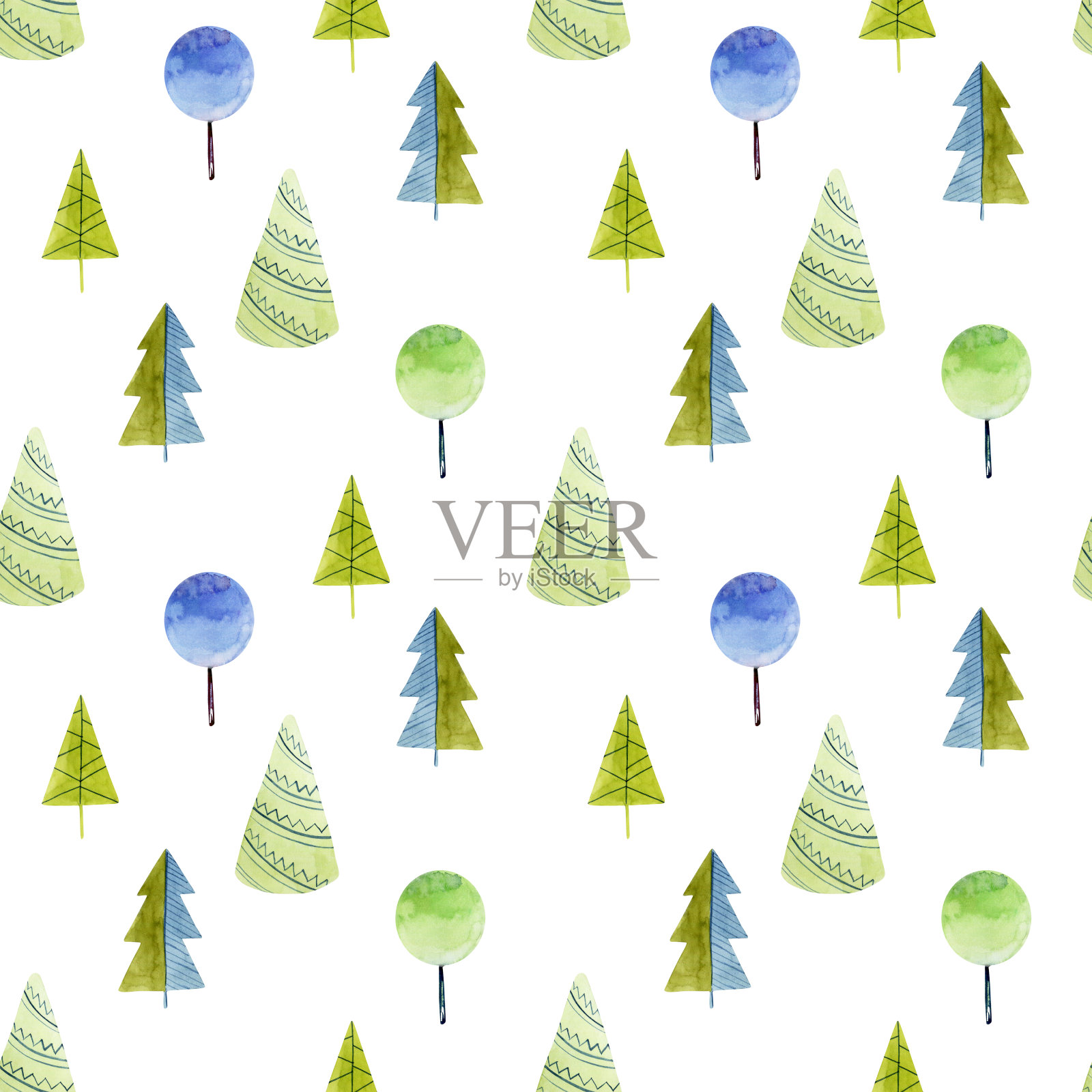 无缝水彩简单的树木和云杉，手绘在一个白色的背景插画图片素材