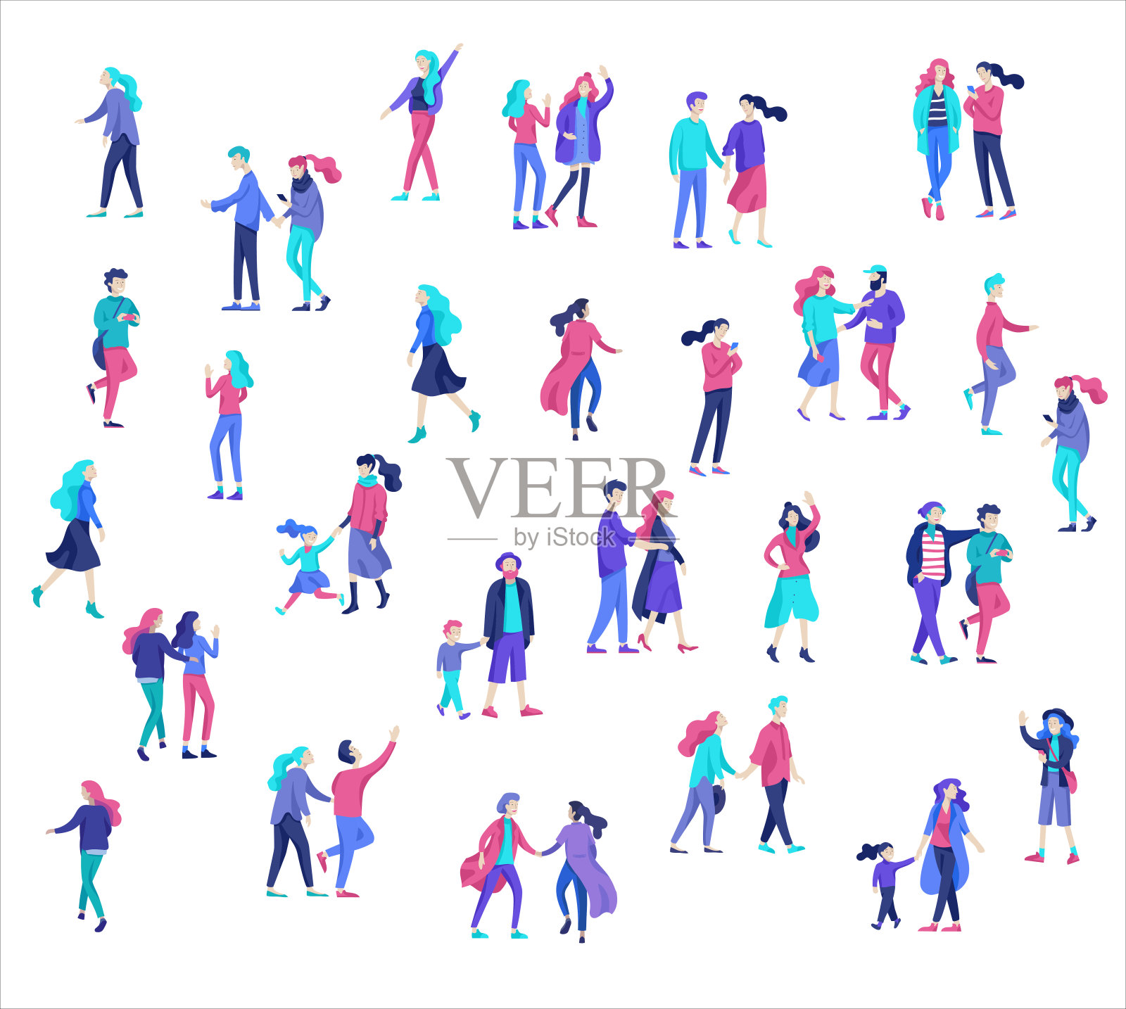 矢量人物走在秋冬服装的大街上插画图片素材