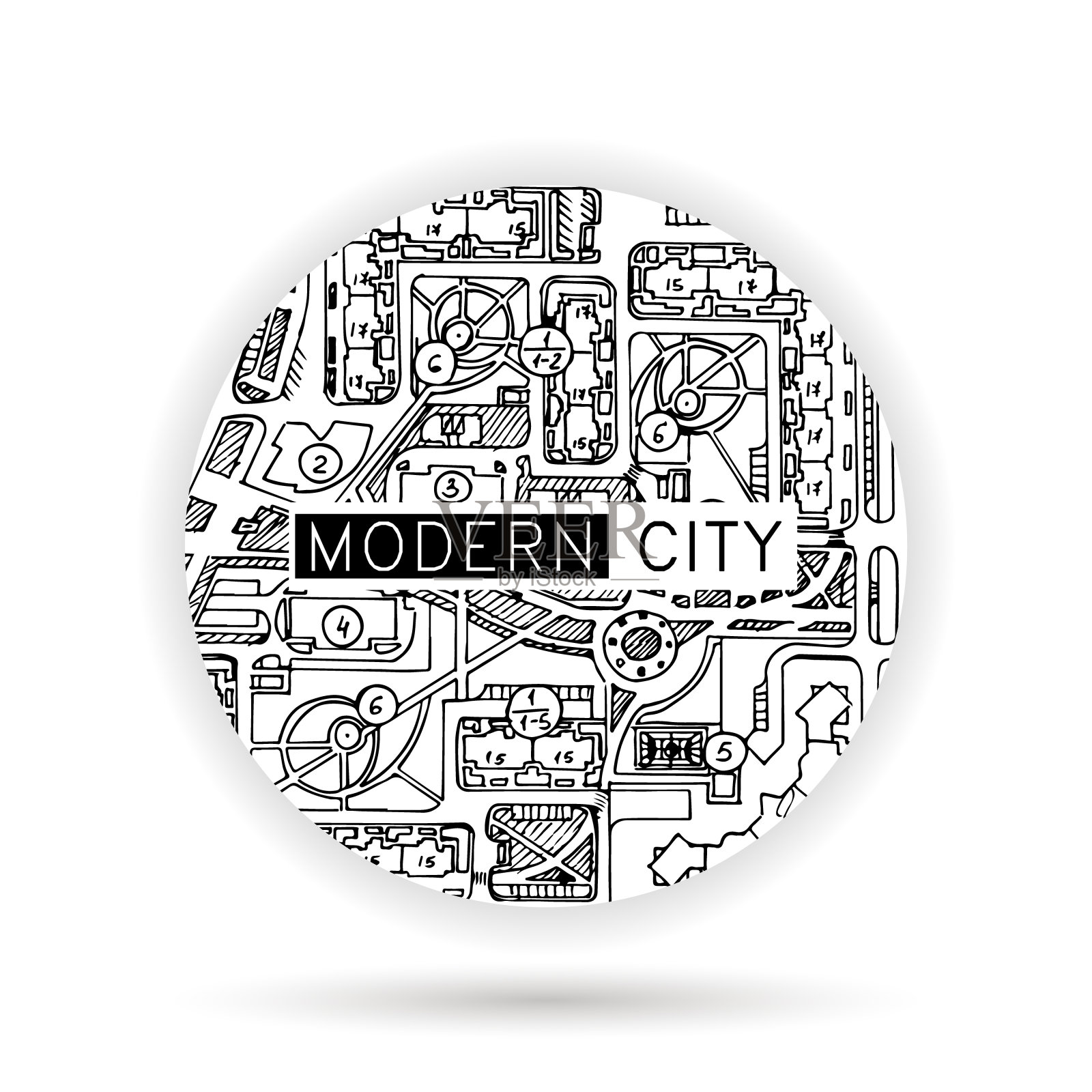 徽标用墨水涂鸦地图，建筑图纸插画图片素材