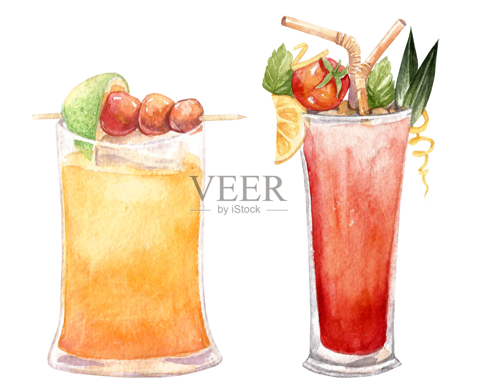 手绘水彩插图的鸡尾酒插画图片素材