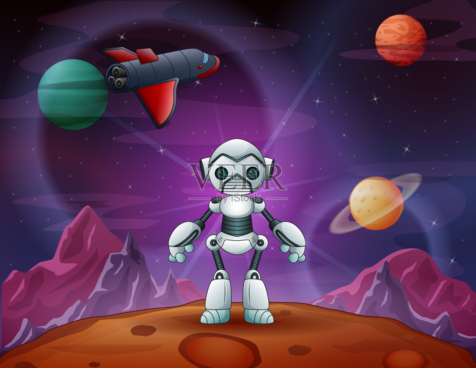 机器人卡通在外太空与一架飞机插画图片素材