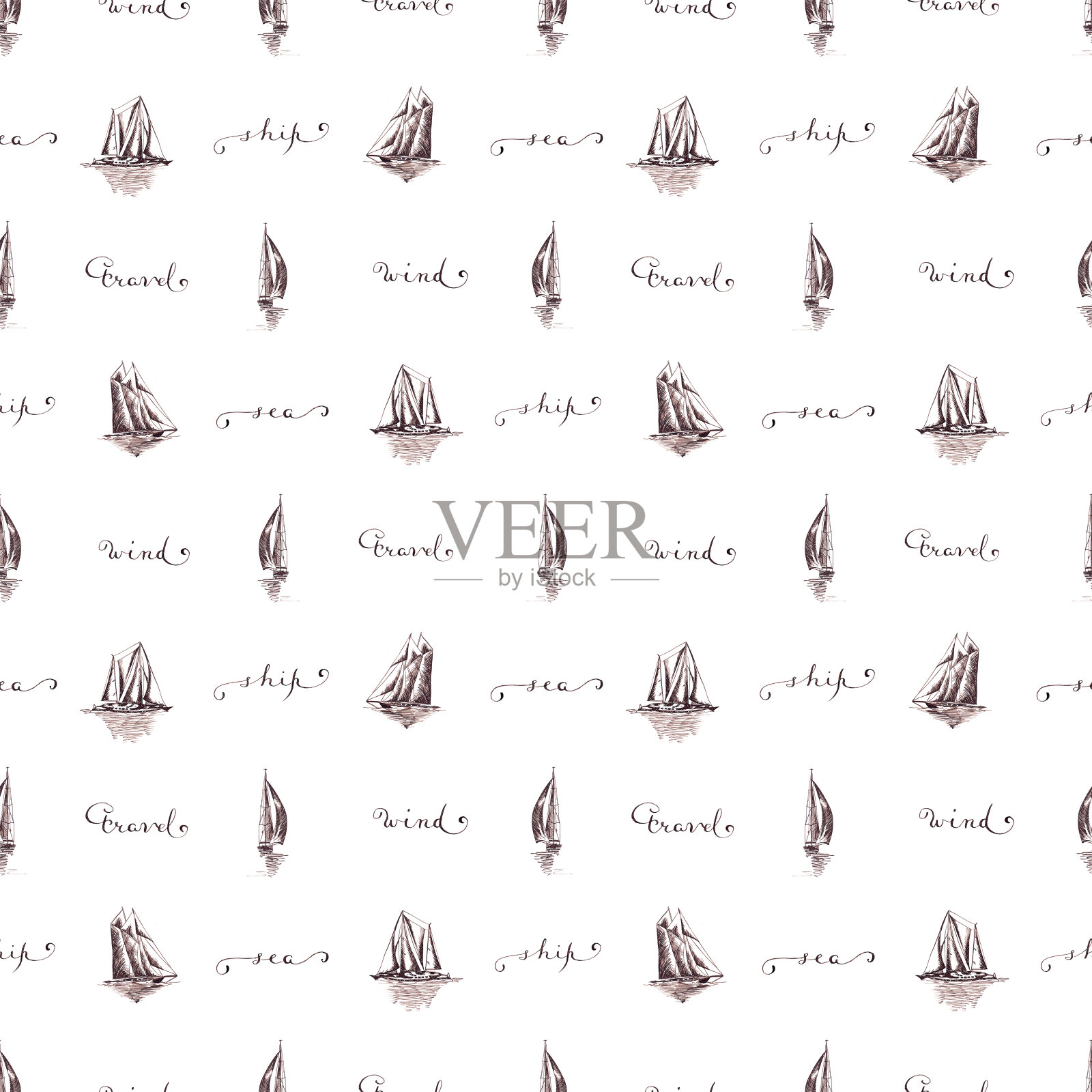 无缝模式帆船和船只的图形风格，用棕色墨水插画图片素材