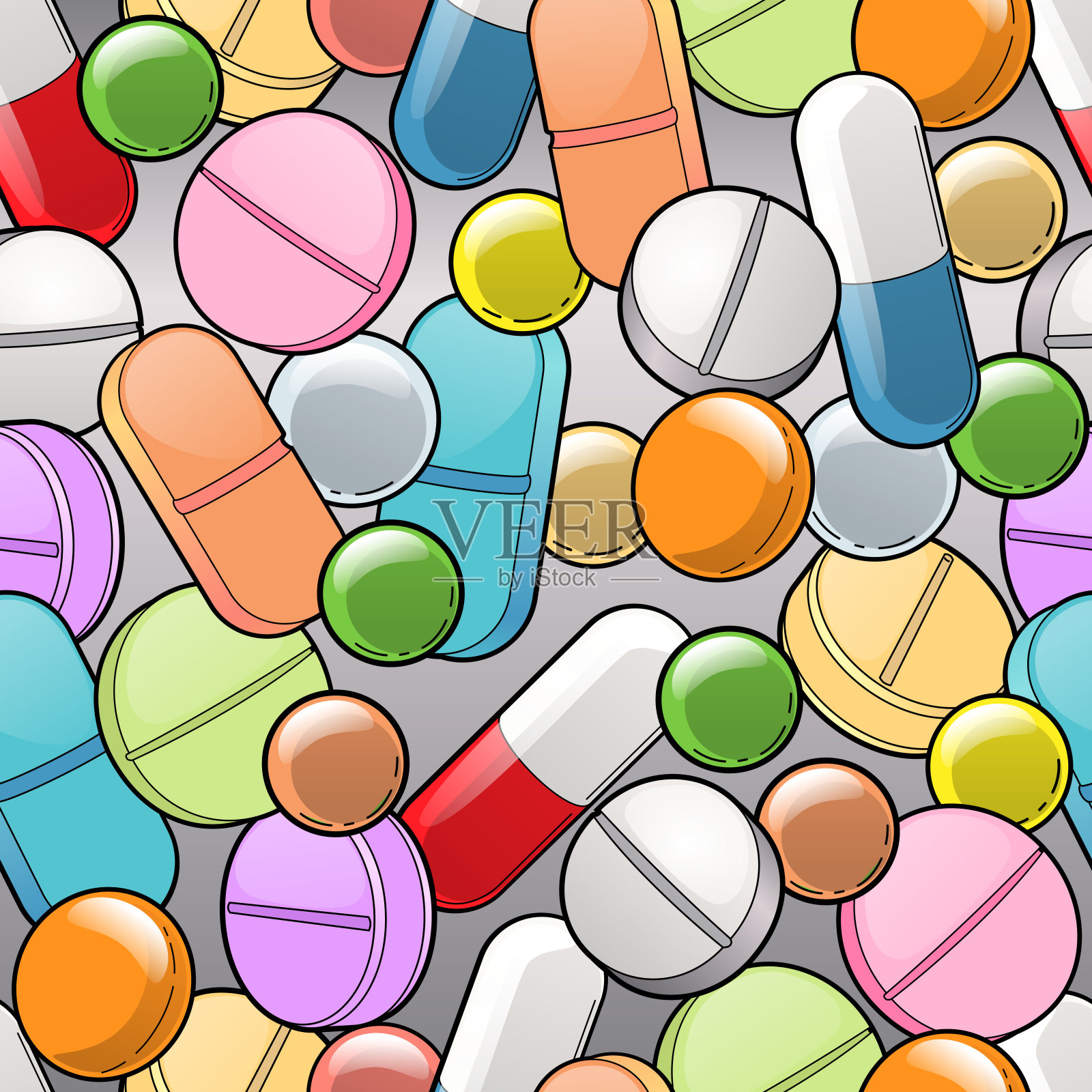 无缝模式与多色药丸，胶囊，药丸，药物在灰色背景插画图片素材
