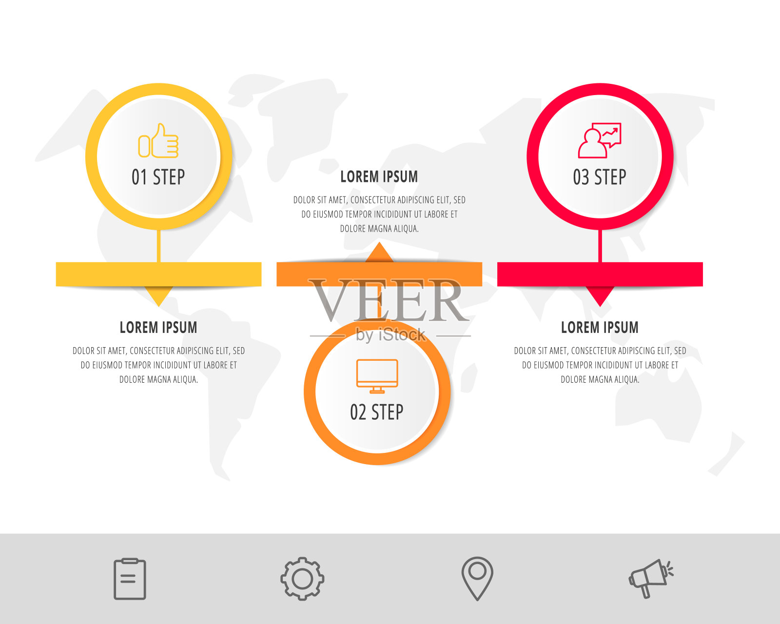 矢量信息图平面模板。带箭头的圆圈表示三个图表，图表，流程图，时间轴，市场营销，演示。经营理念有3个标签插画图片素材