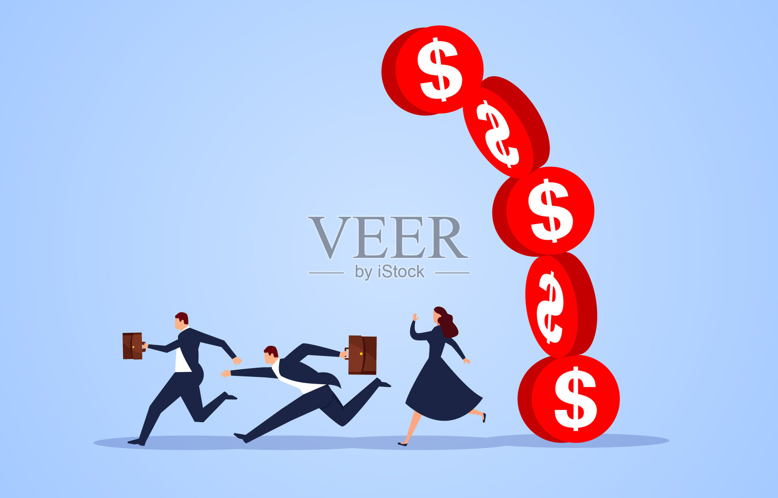 一群商人逃离了那堆摇摇欲坠的金币插画图片素材