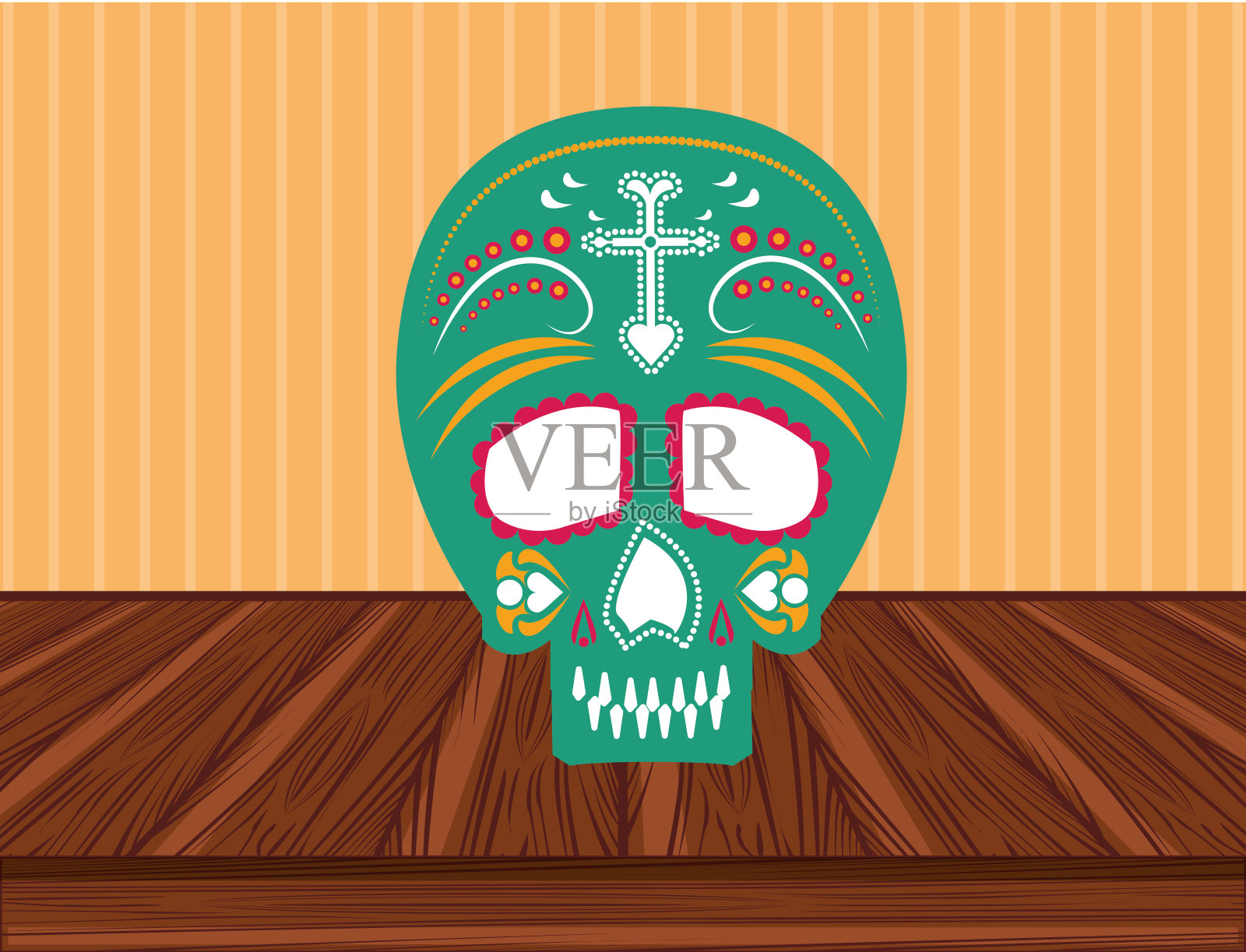 木桌上的墨西哥骷髅面具文化插画图片素材