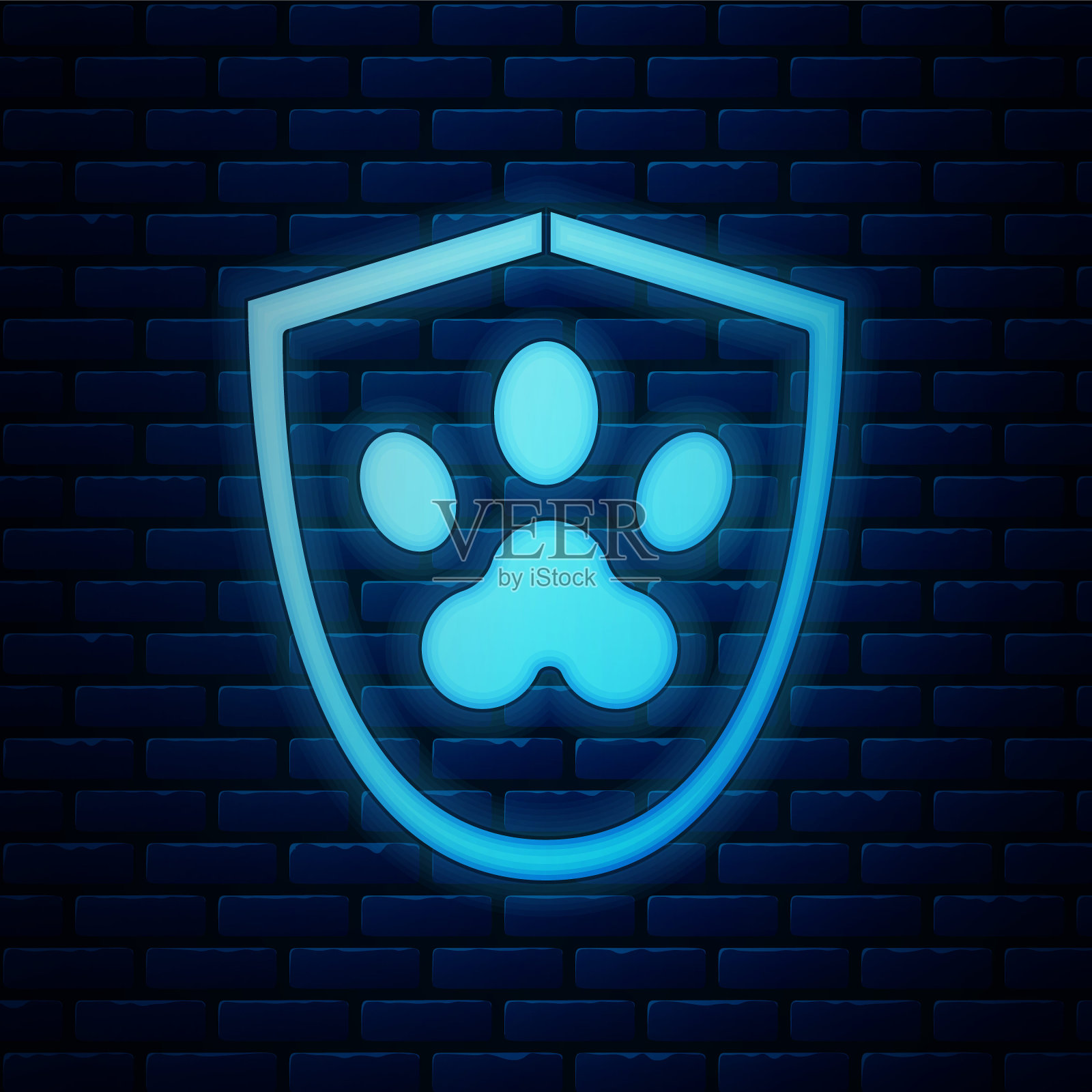 霓虹灯动物健康保险图标孤立在砖墙的背景上。宠物保护图标。狗或猫的爪印。矢量图插画图片素材