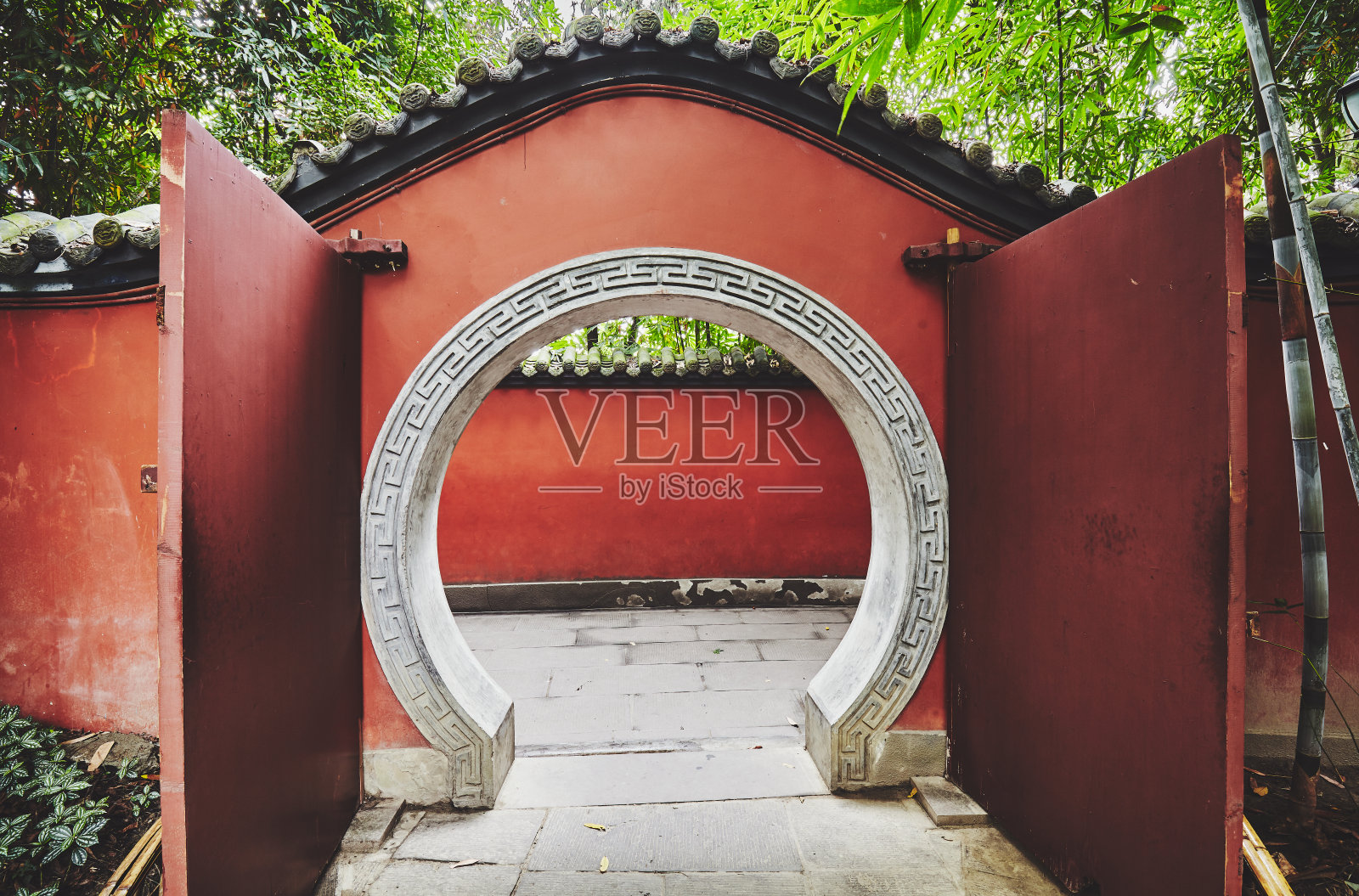 红墙通道中的圆门，中国。照片摄影图片