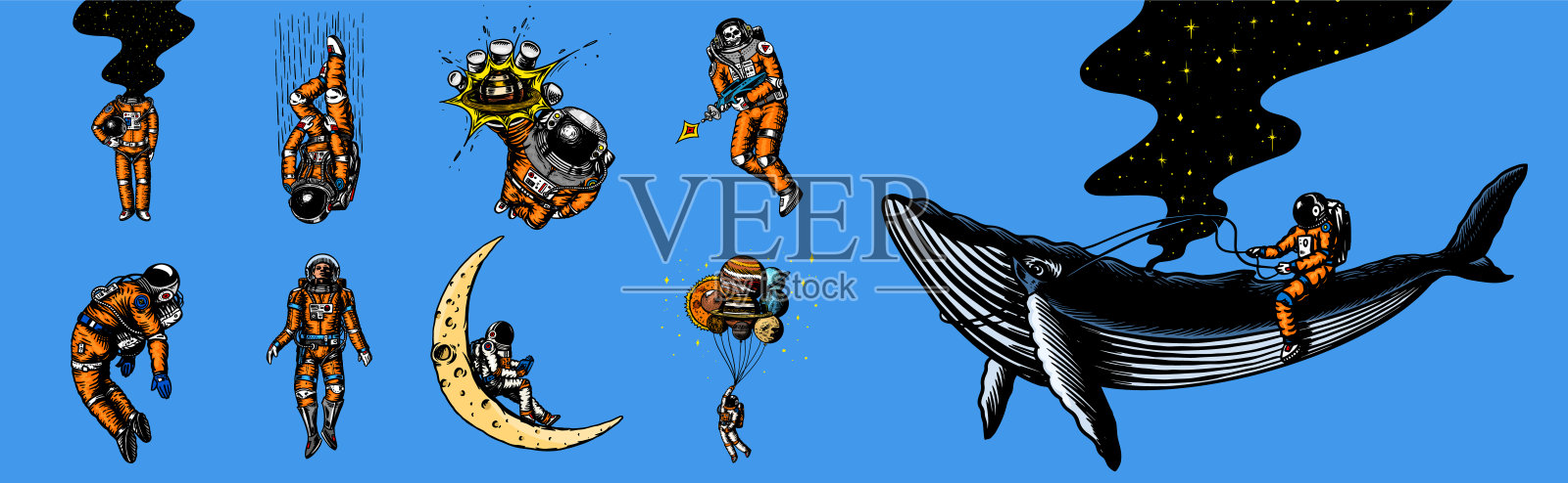 太阳系里的一组宇航员。有趣的宇航员和鲸鱼，起飞的宇航员，太空中的行星，气球和月球。手工雕刻的老式素描。矢量图插画图片素材
