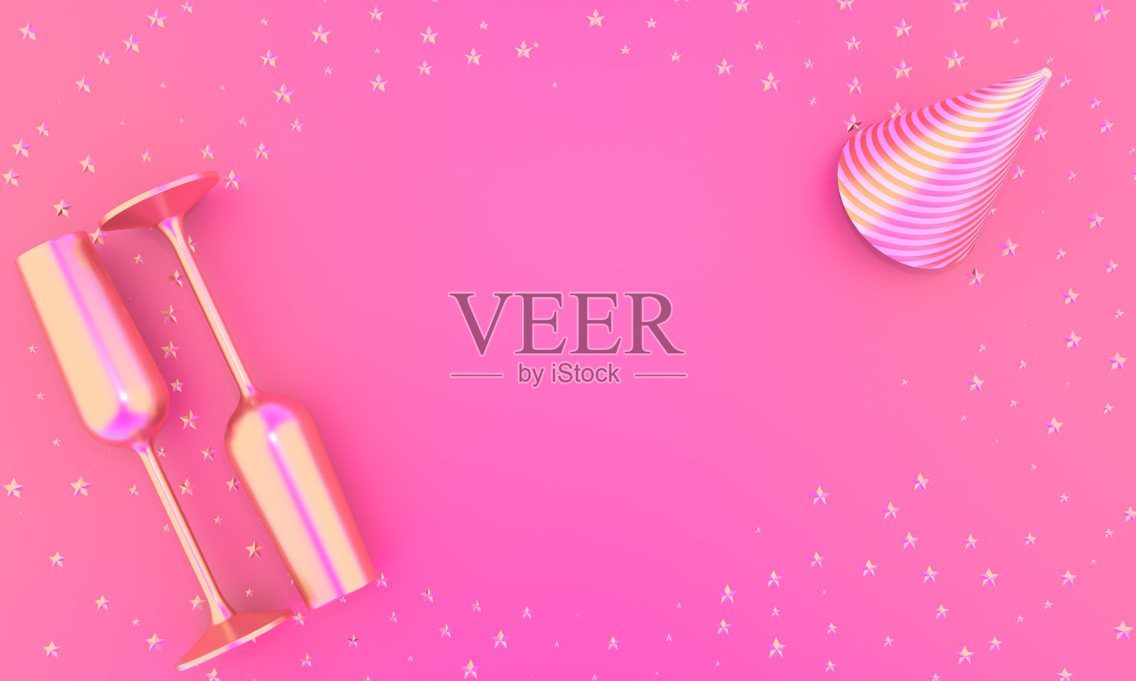 两杯香槟和假日帽子在粉红色的背景3D插图与复制空间照片摄影图片