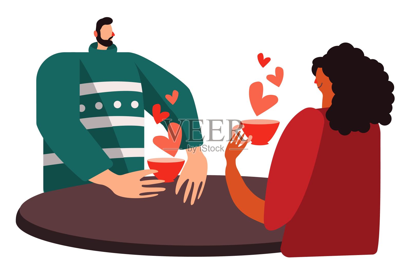 可爱的平面明亮的插图舒适的年轻夫妇黑皮肤女友和男朋友在爱喝咖啡。庆祝情人节插画图片素材