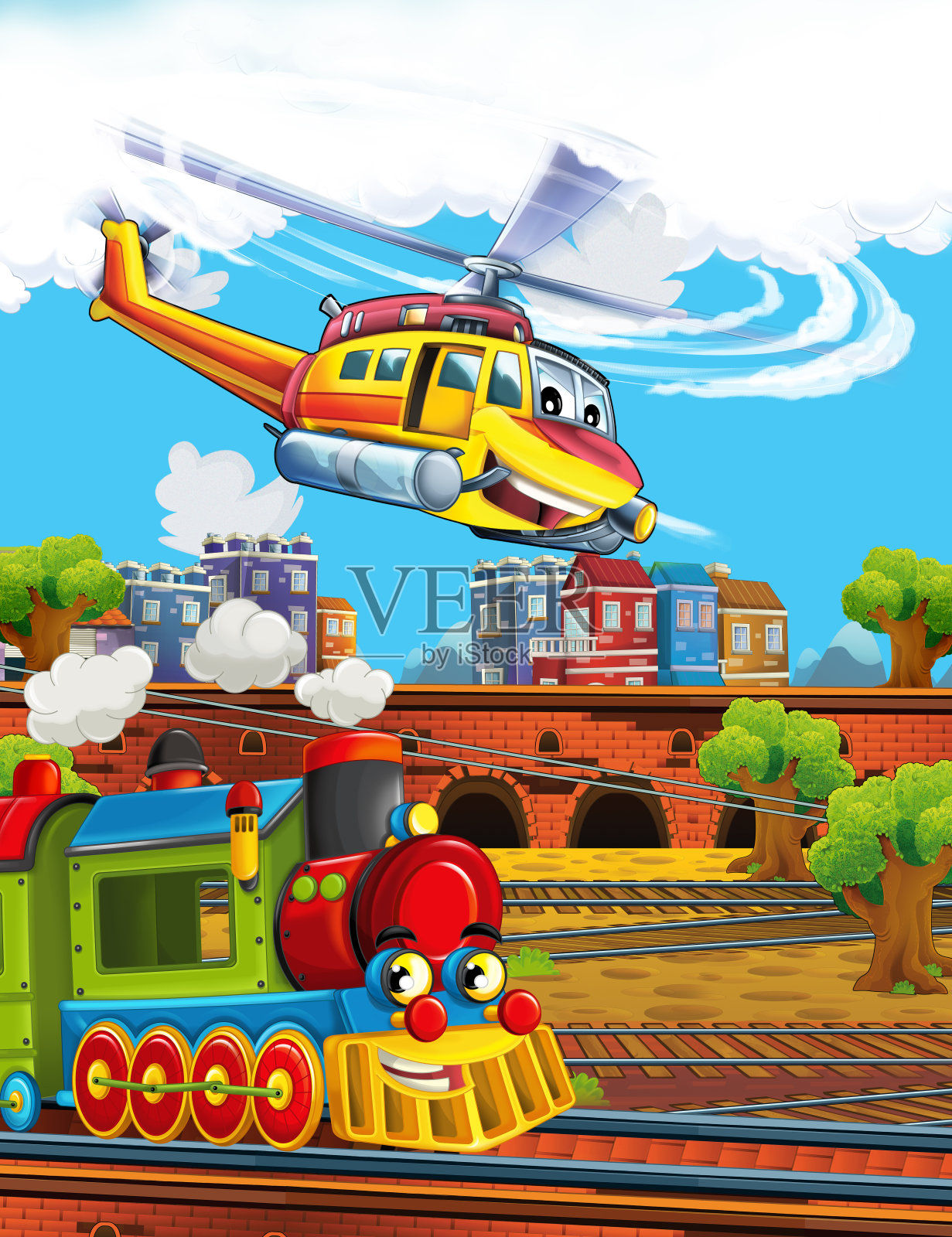 卡通有趣的蒸汽火车在火车站附近的城市和飞行紧急直升机插画图片素材
