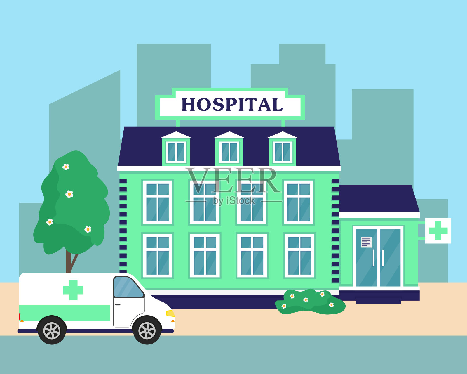 医院或医疗中心大楼外部和救护车。城市背景矢量图。插画图片素材