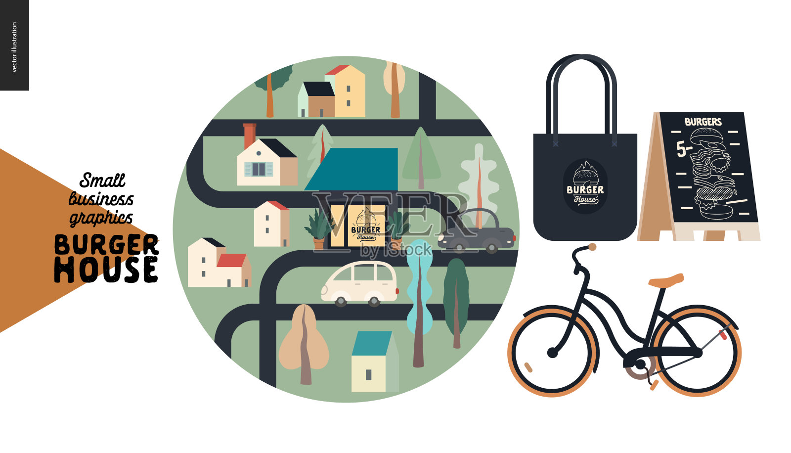 汉堡屋-小企业图形-位置图标和食物插画图片素材