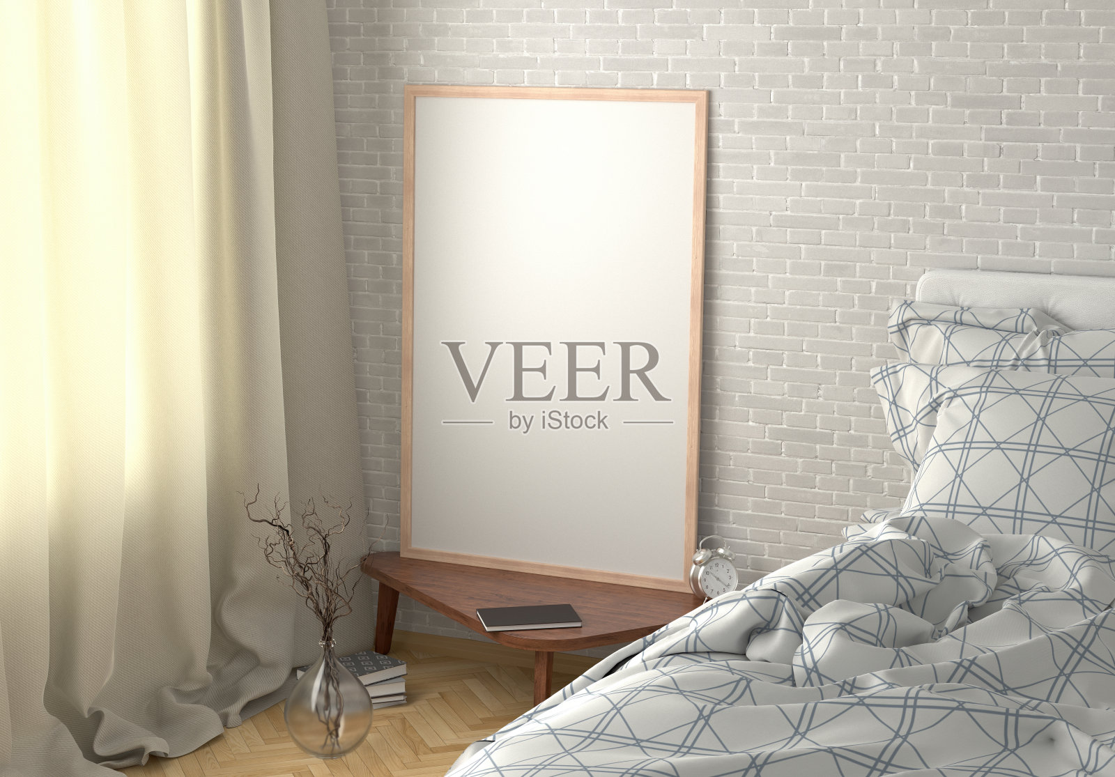 卧室床头柜上竖着海报照片摄影图片