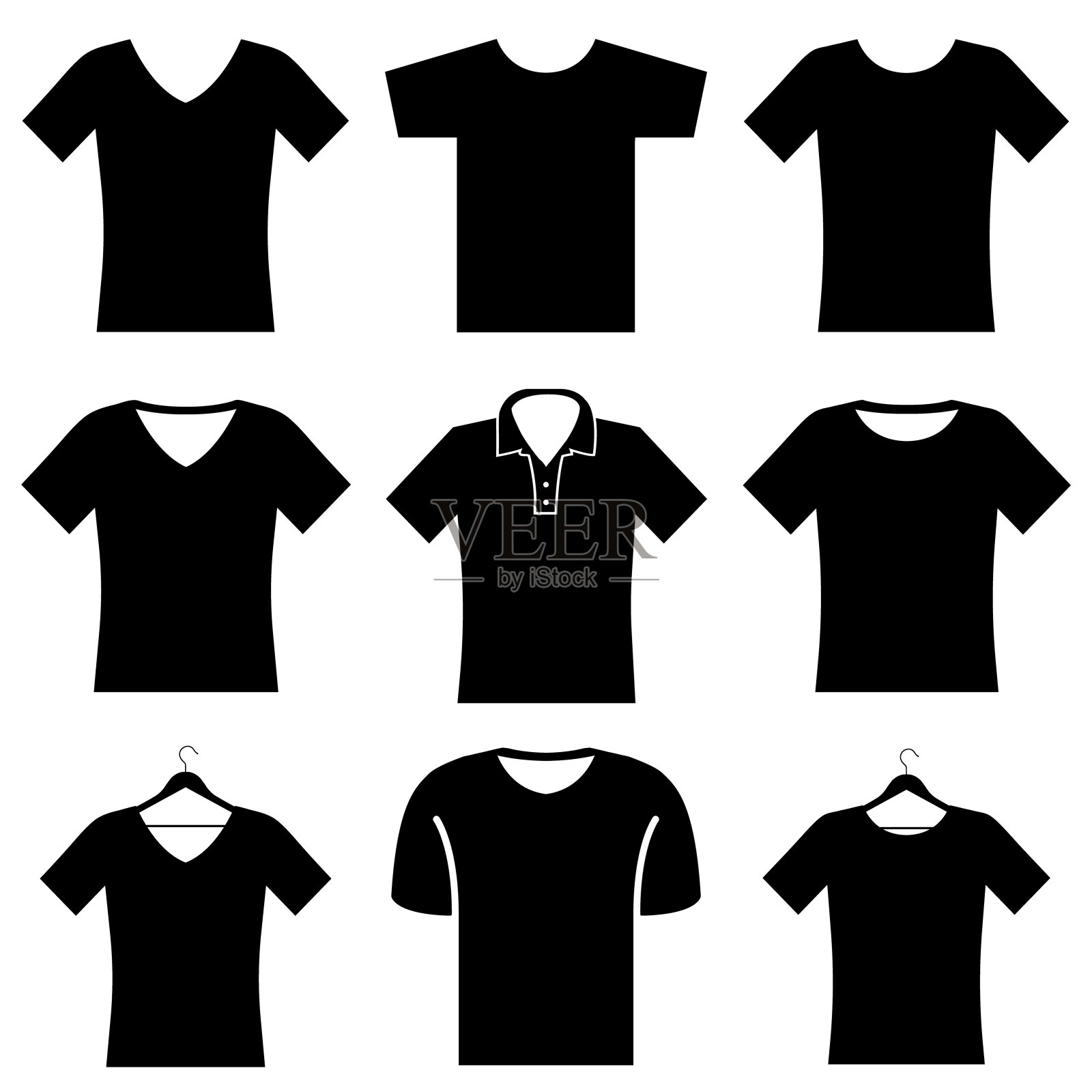 t恤设置图标，标志孤立在白色背景。v领t恤，挂在衣架上，Polo插画图片素材