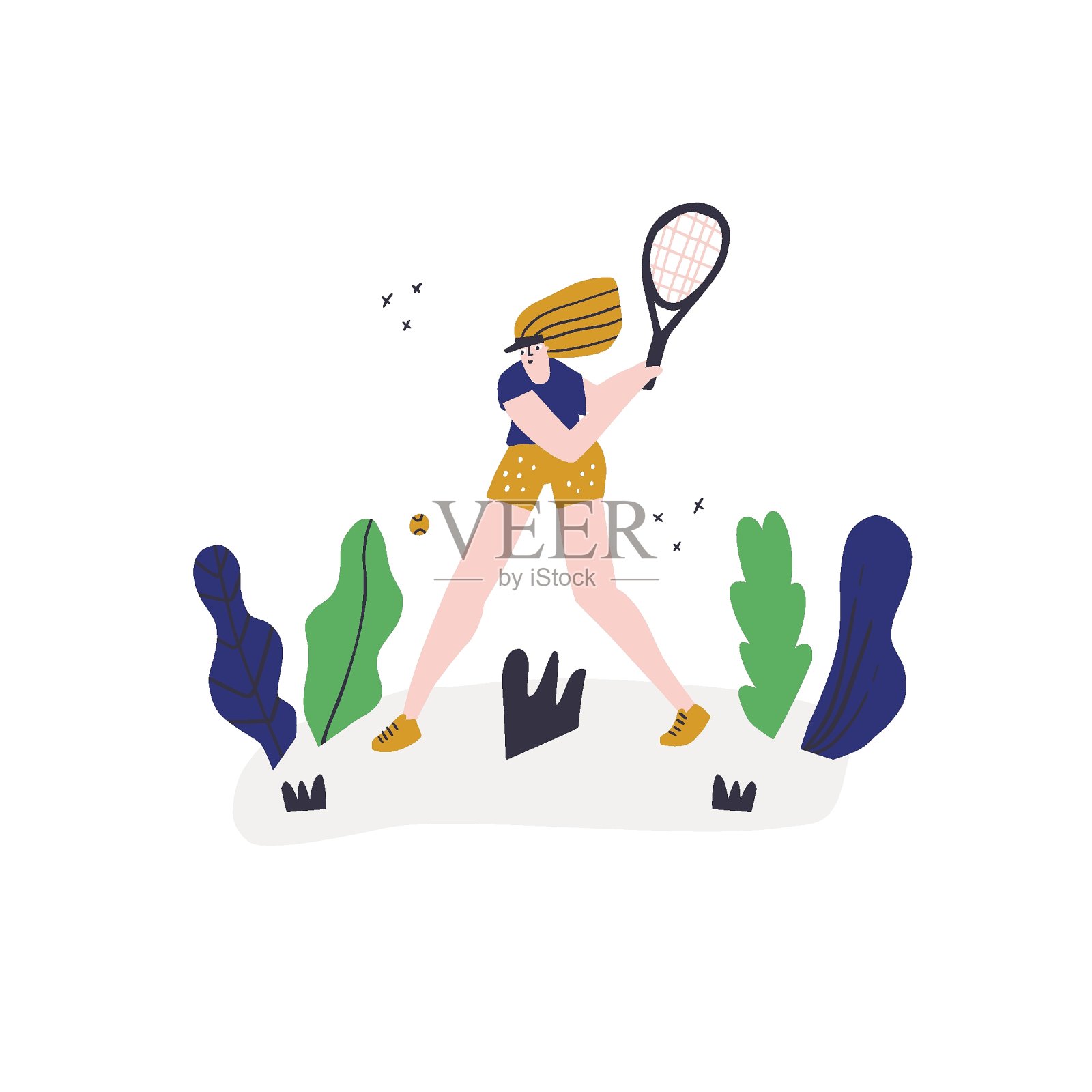 女子打网球外平面矢量插图。女运动员带着球拍在公园里。体育游戏专业玩家卡通人物。反手击球。年轻的手画运动女孩孤立在白色插画图片素材