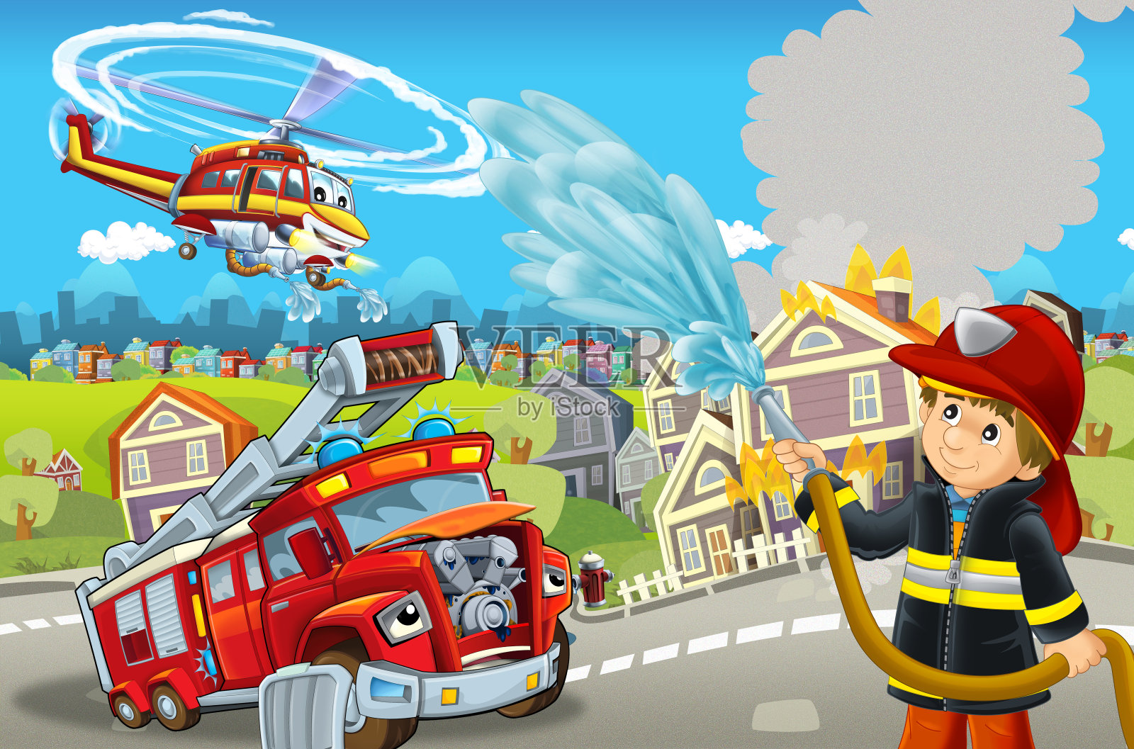 卡通舞台上有不同的灭火机器，色彩斑斓，与消防员一起欢乐的场景插画图片素材