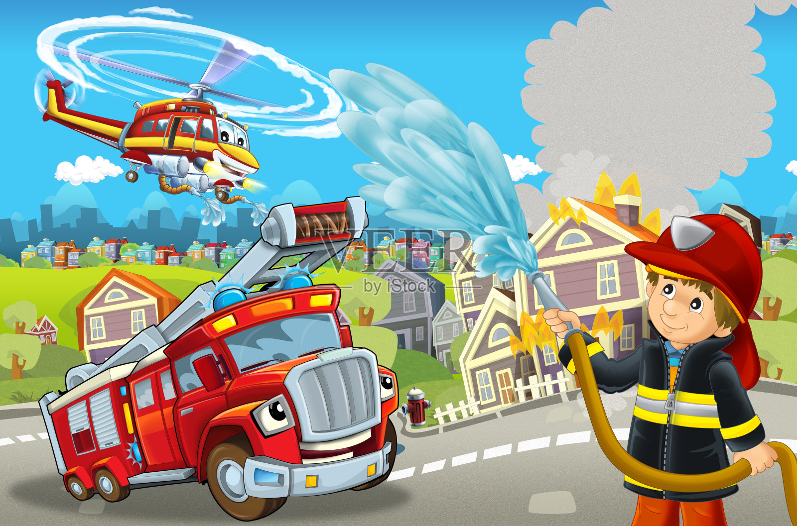 卡通舞台上有不同的灭火机器，色彩斑斓，与消防员一起欢乐的场景插画图片素材