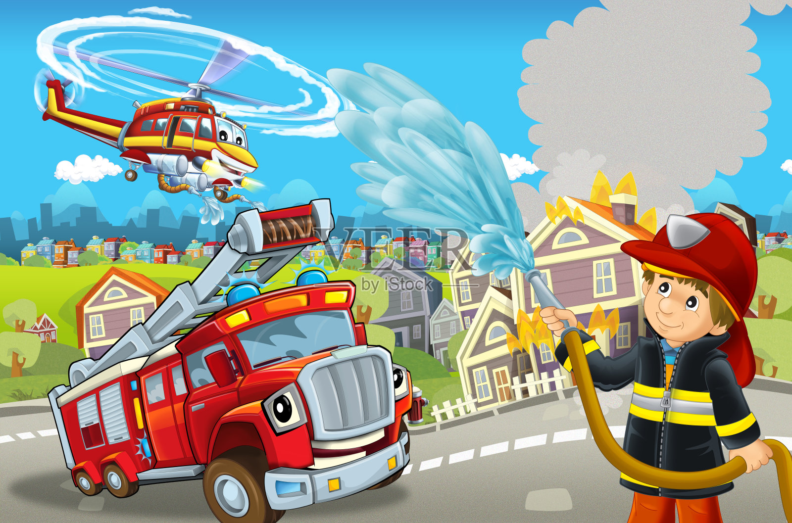 卡通舞台上有不同的灭火机器，色彩斑斓，与消防员一起欢乐的场景插画图片素材