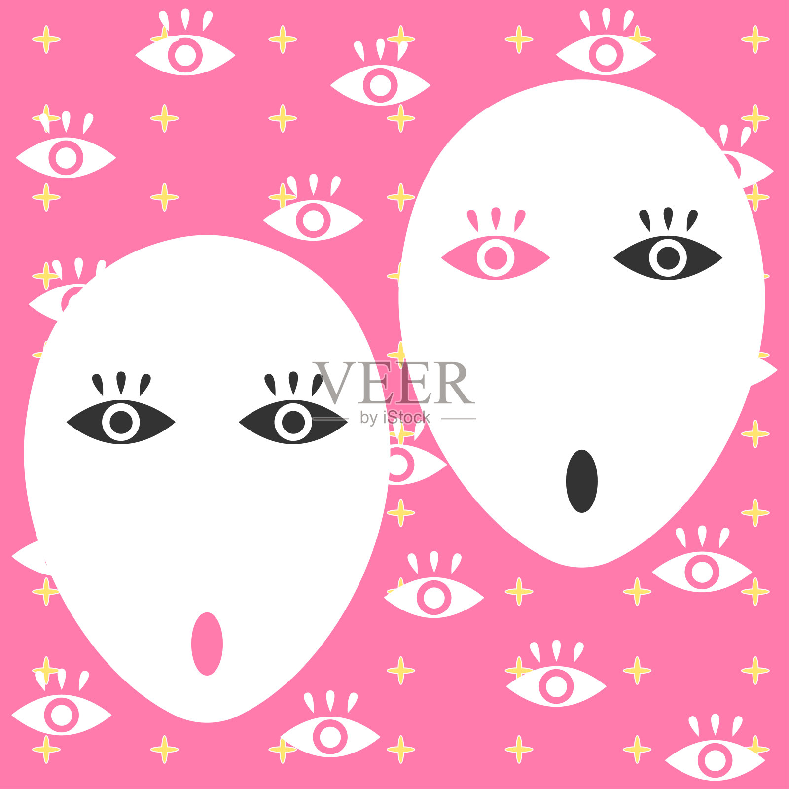 白色女孩的面具和眼睛与睫毛在粉红色的背景，矢量插图。当代艺术卡通概念时装或电影设计。插画图片素材