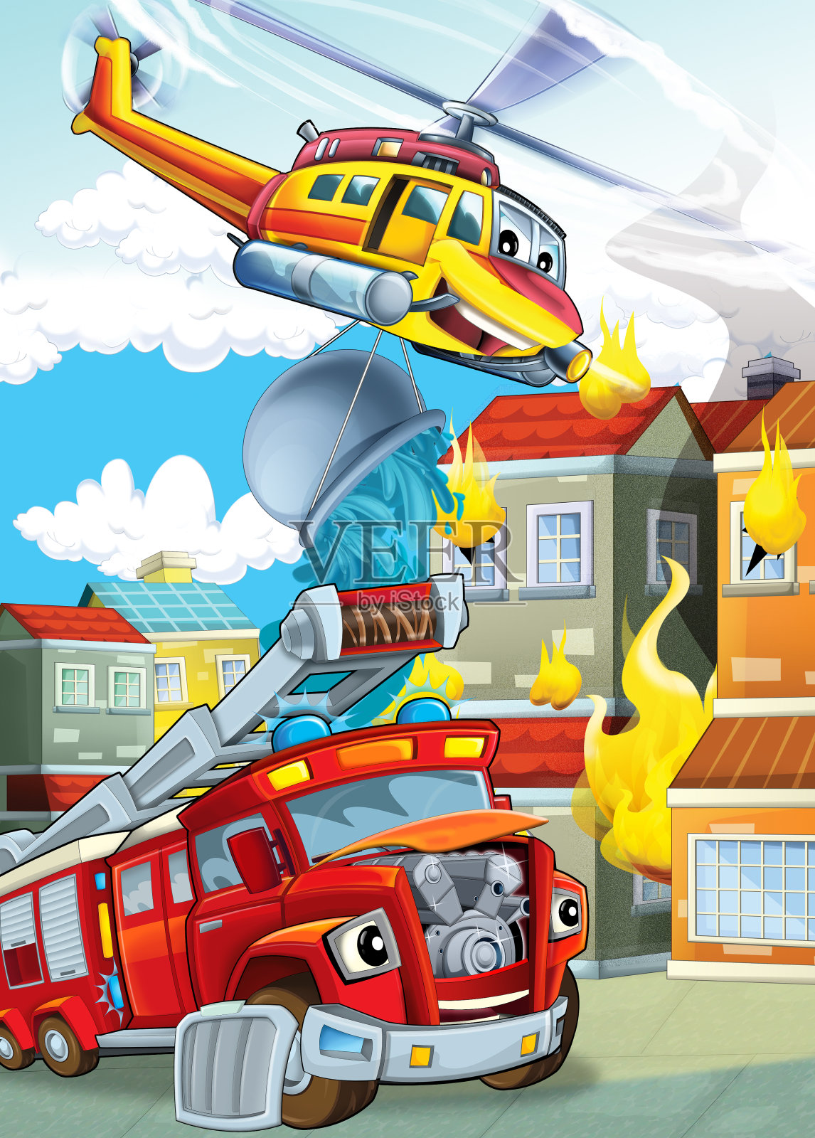 卡通舞台上有不同的灭火机器，直升机和消防车，场面丰富多彩插画图片素材