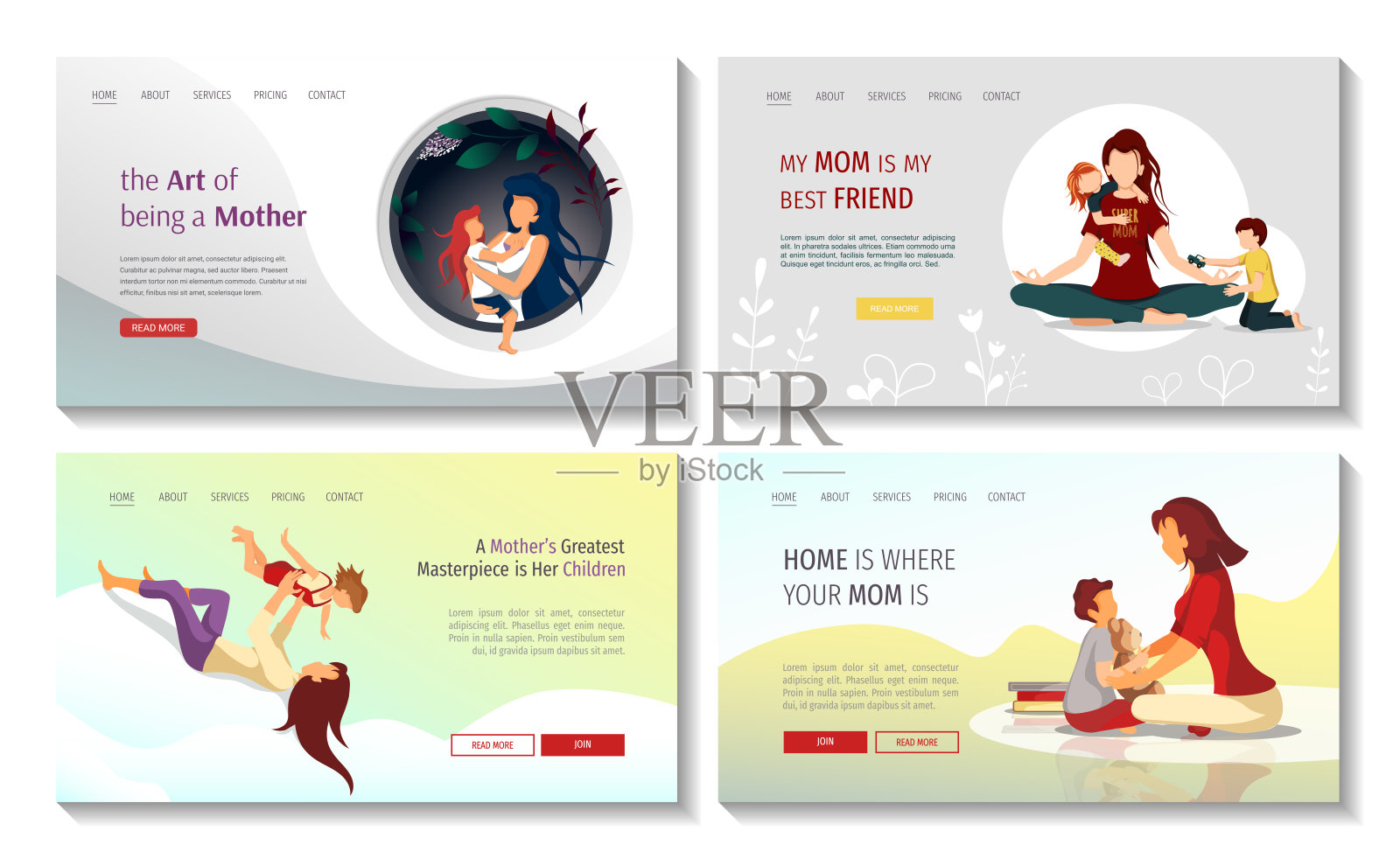 为母亲和孩子，父母，母亲，幸福的家庭，童年的网页设计模板。插画图片素材