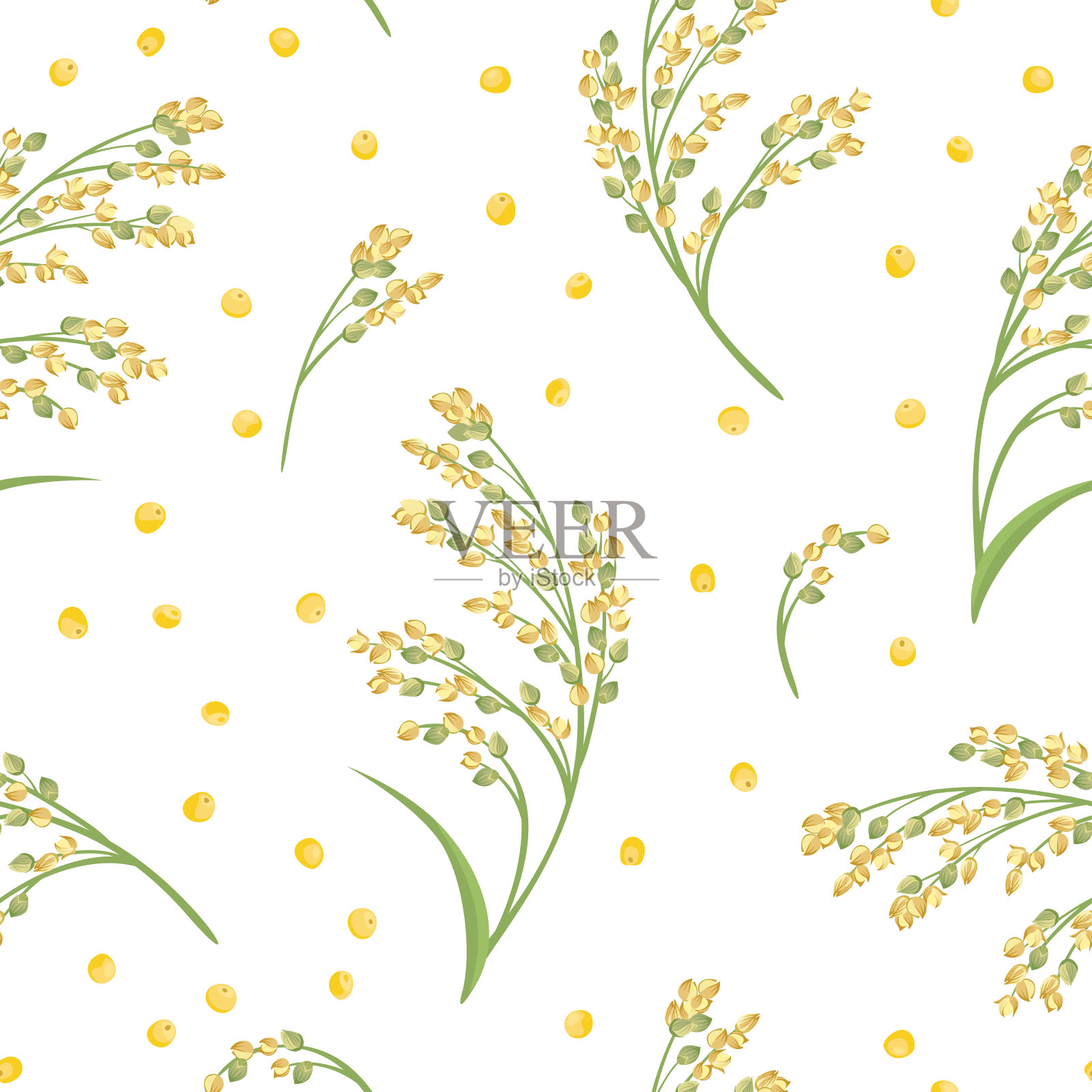 谷类植物小米无缝模式。矢量插图谷子和黄色谷物的耳朵在卡通平面风格。插画图片素材