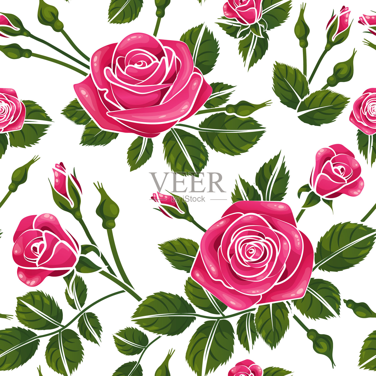 美丽的玫瑰图案瓷砖无缝重复纹理与叶芽，矢量插画浪漫的心情插画图片素材