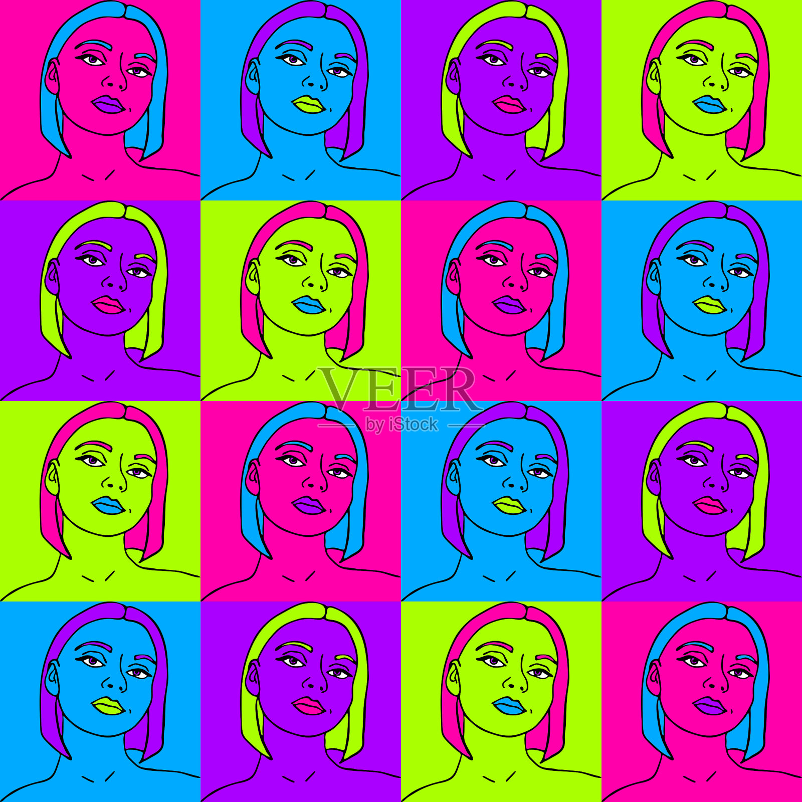 矢量图案与霓虹灯方形颜色与女性线条艺术。女孩的态度。是不同的。十几岁的时装设计。插画图片素材