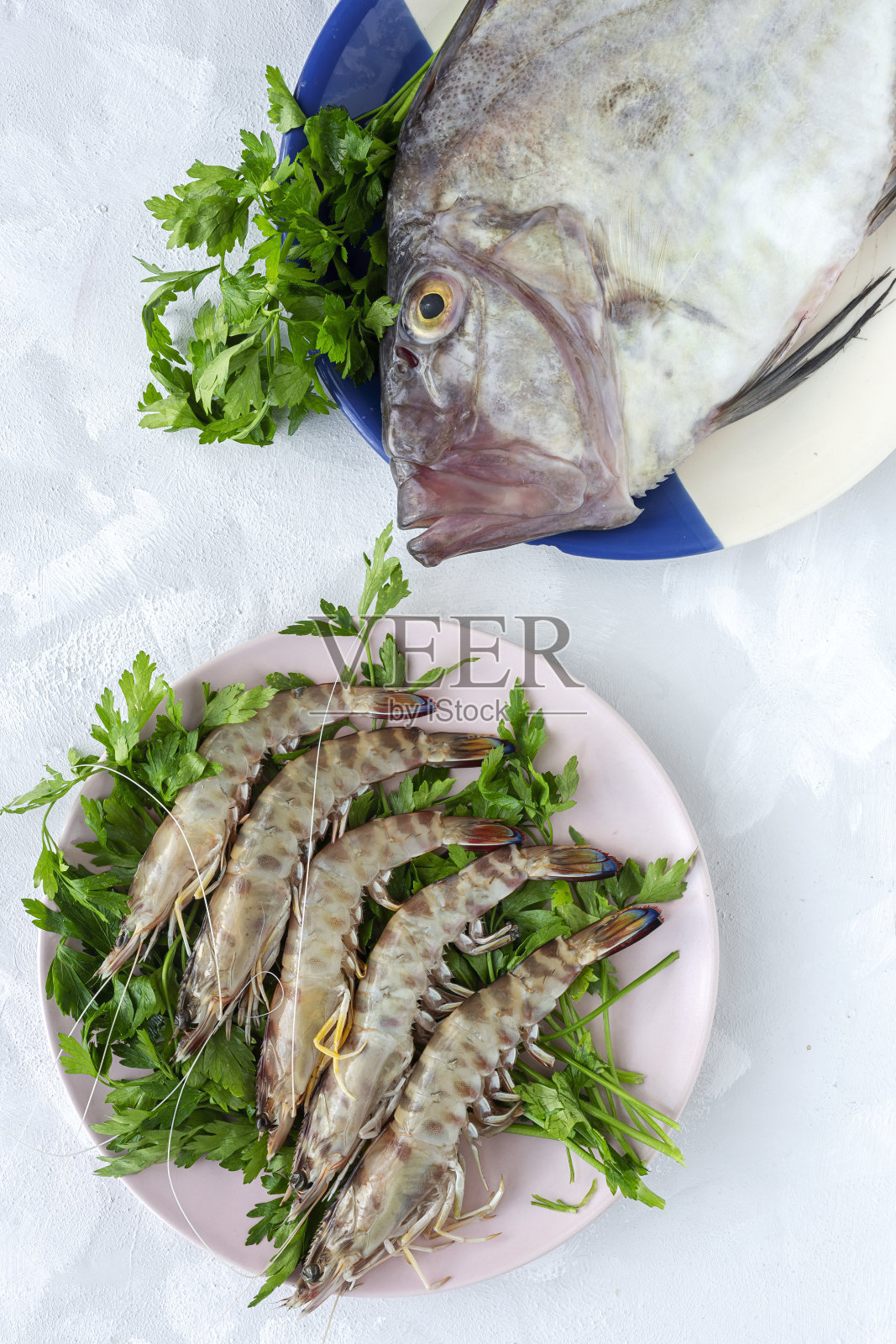 白色背景上的新鲜生鱼。海鲜。平的。章鱼。大虾。圣彼得照片摄影图片