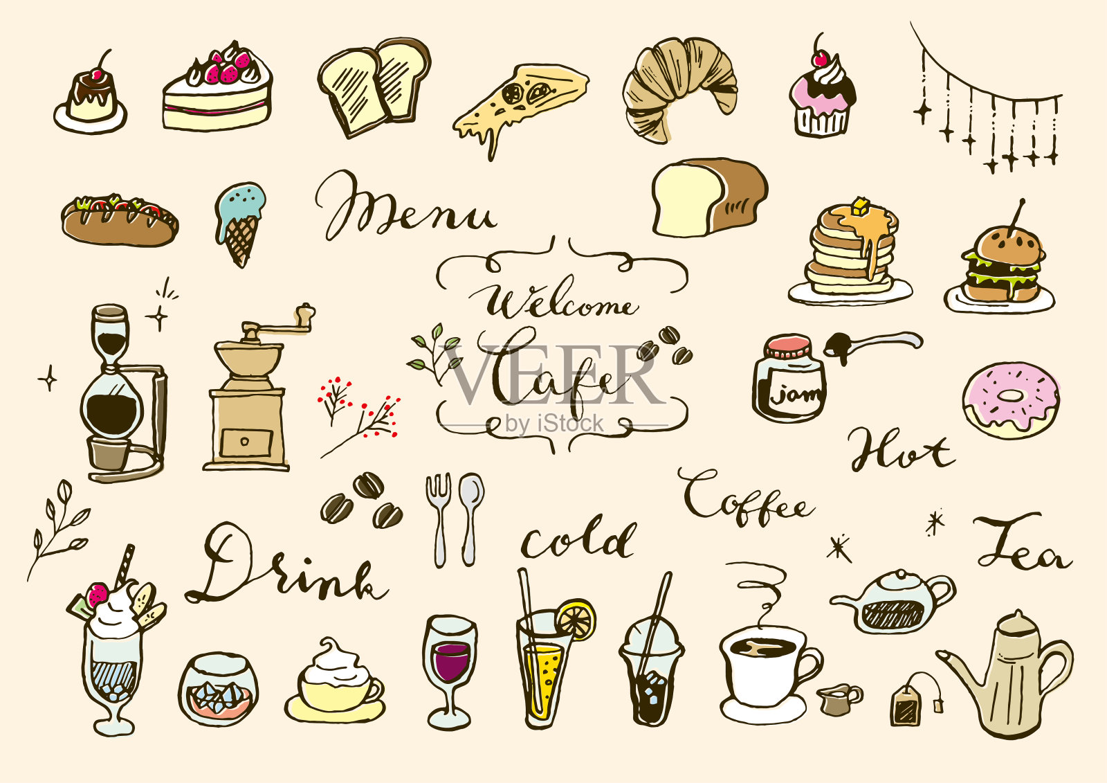 手绘咖啡材料集插画图片素材