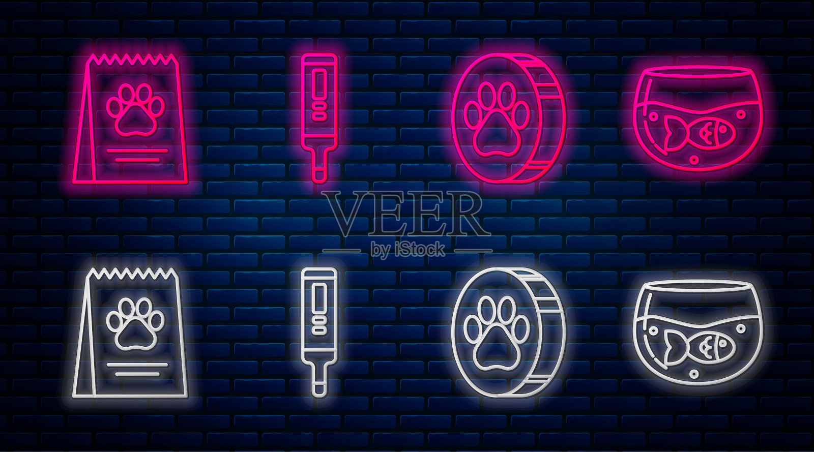 设医用数字温度计、爪印、狗粮袋、鱼缸等。砖墙上发光的霓虹灯图标。向量插画图片素材