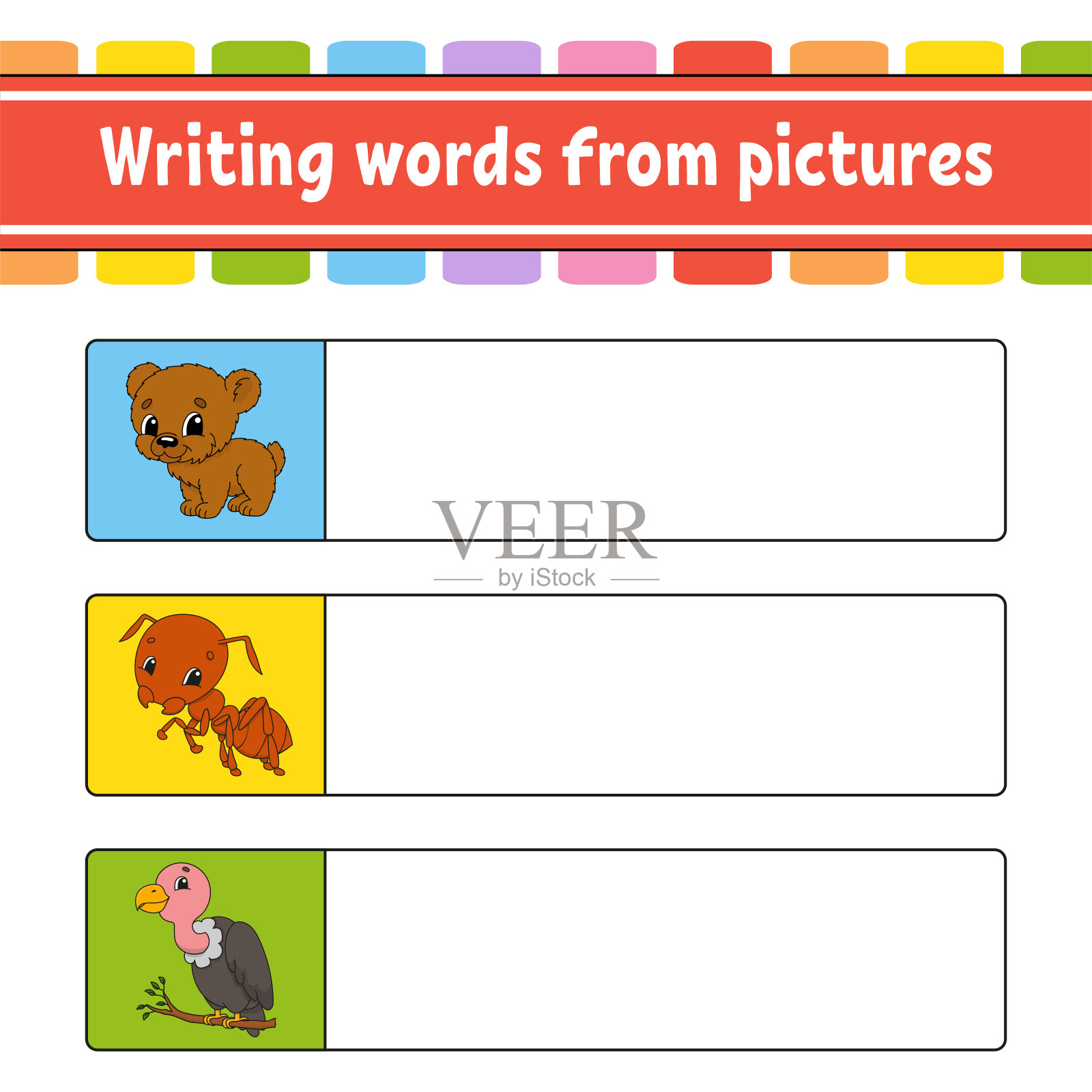 根据图片写单词。教育发展工作表。儿童学习游戏。活动页面。对儿童拼图。幼儿园的谜语。孤立的矢量图。卡通人物。插画图片素材