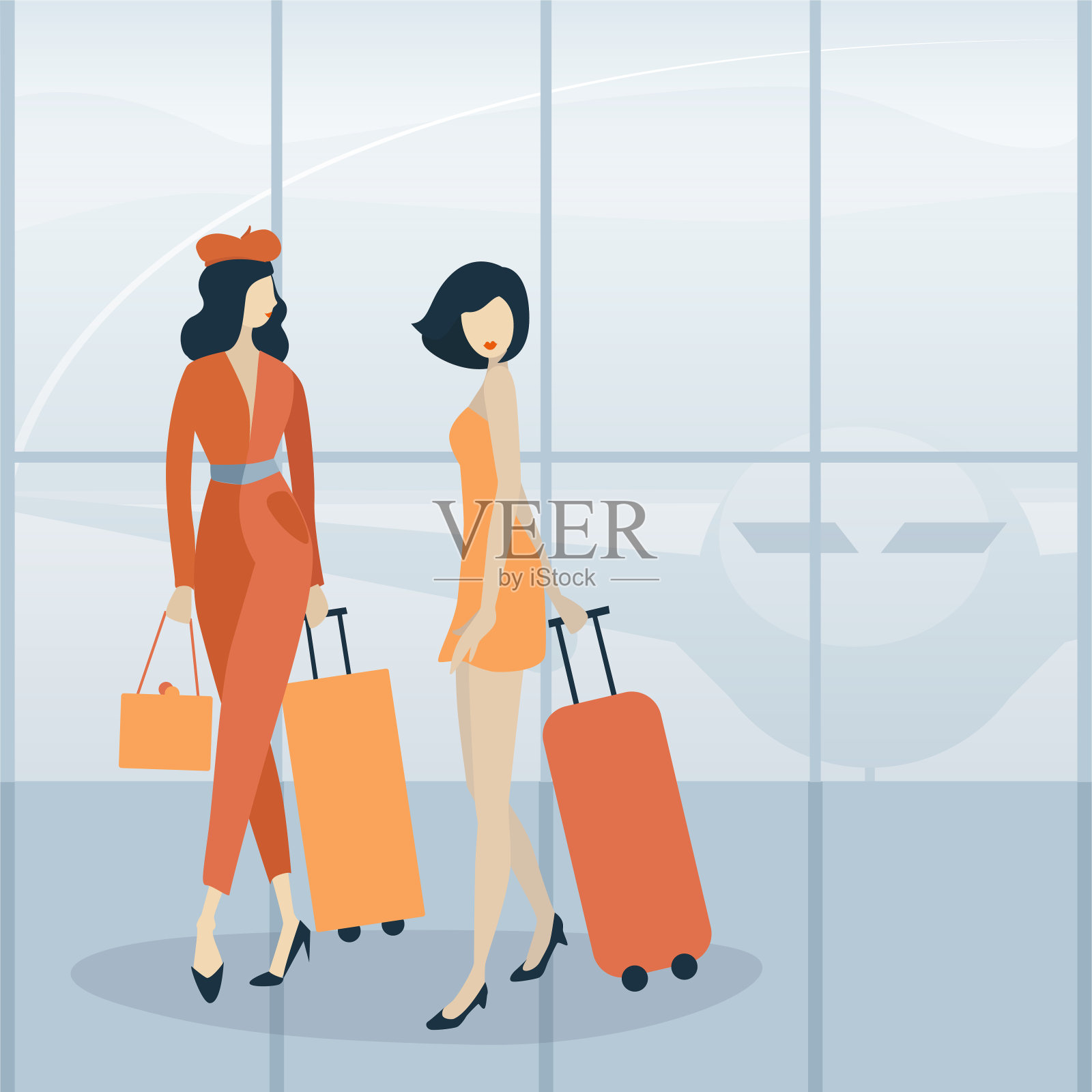 两个时尚女人与旅行袋抵达机场矢量插图插画图片素材