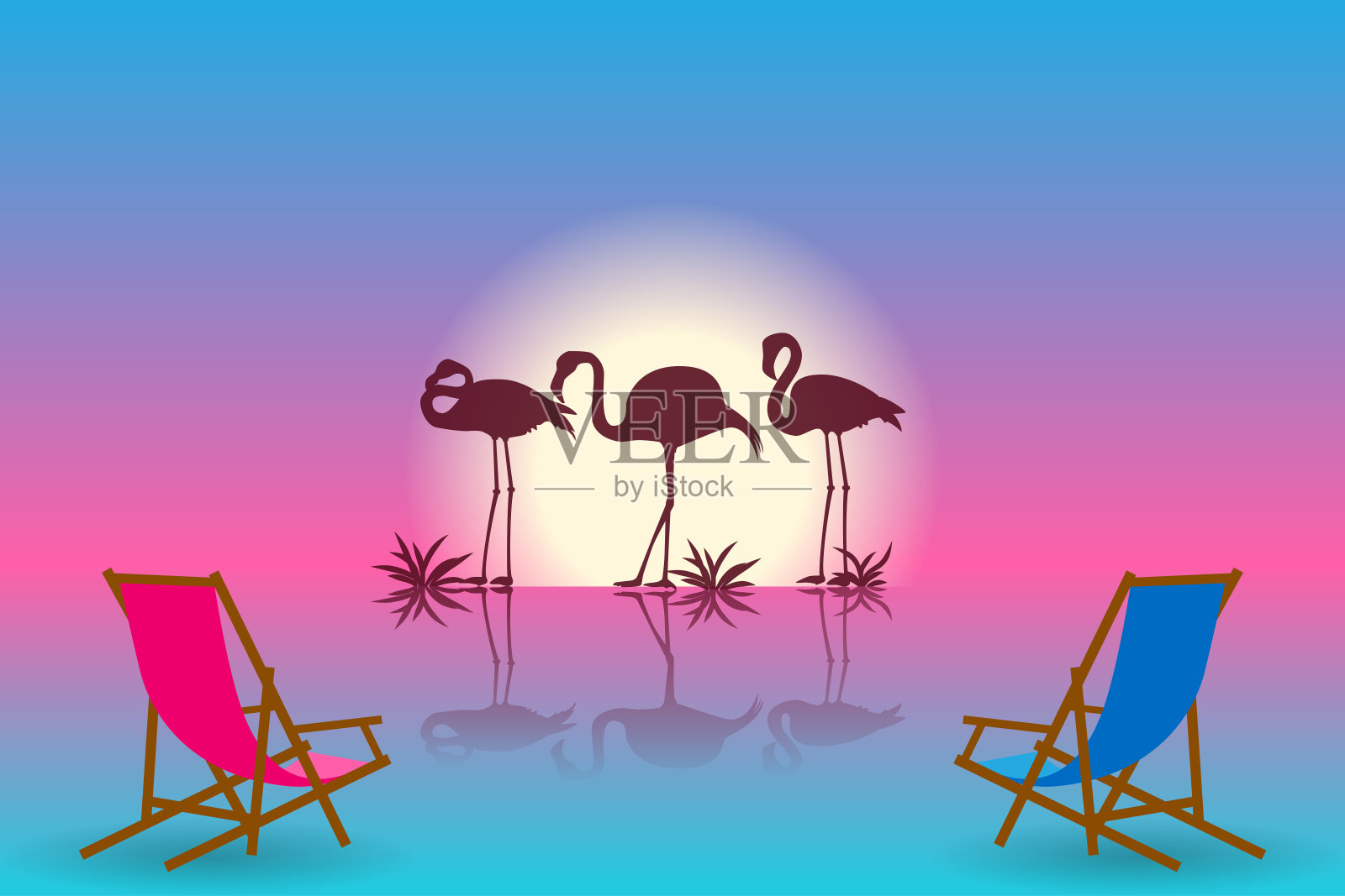 日落景观与火烈鸟的剪影插画图片素材