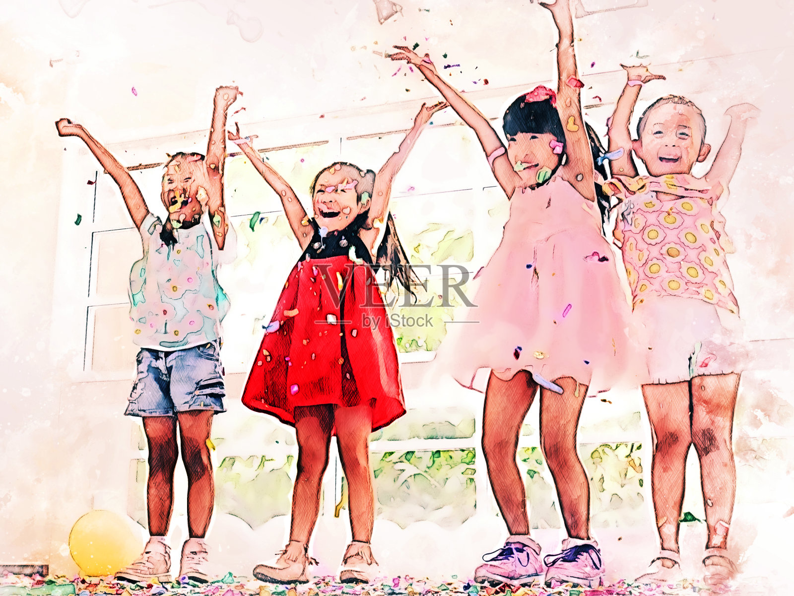 摘要以色彩斑斓美丽的亚洲儿童女孩在家里欢度新年晚会为背景绘制水彩插画。插画图片素材