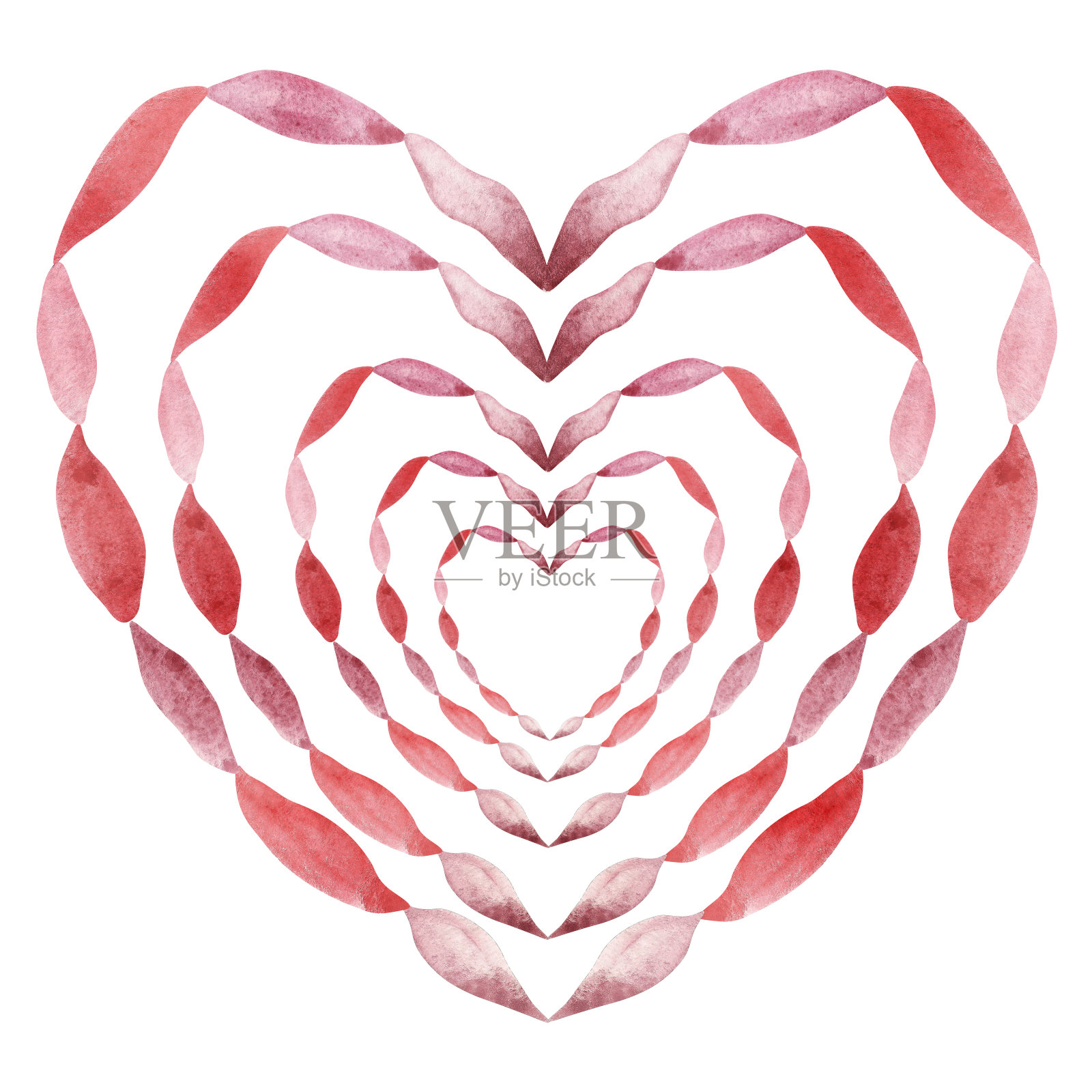 水彩手画浪漫的花框架3d组成与五个心形粉红色和红色花瓣孤立在白色的背景为圣瓦伦丁节节日庆祝卡插画图片素材