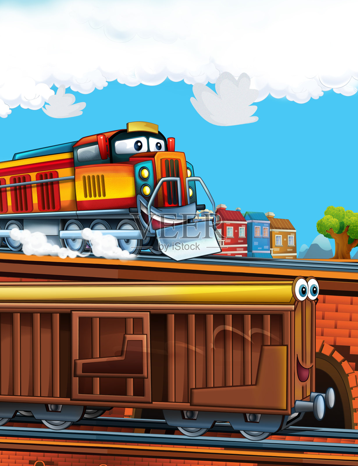 卡通有趣的火车在火车站附近的城市插画图片素材